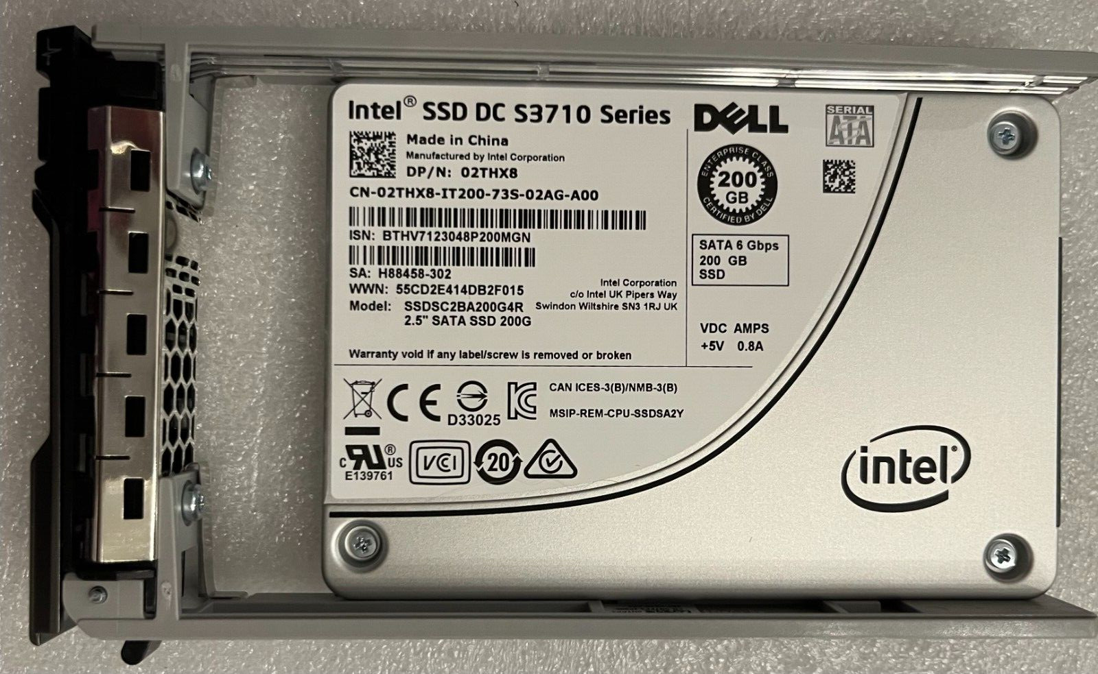 2THX8 Dell Intel S3710 200GB SSD SATA 6GB/s 2.5in SSD SSDSC2BA200G4R 02THX8 R620