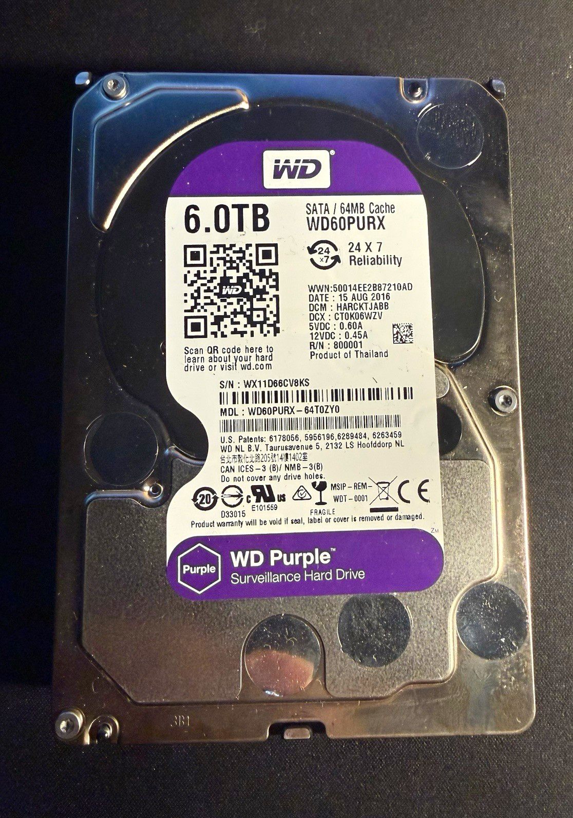 WD Purple 6TB WD60PURX 3.5" SATA Surveillance Hard Drive HDD SMART Good