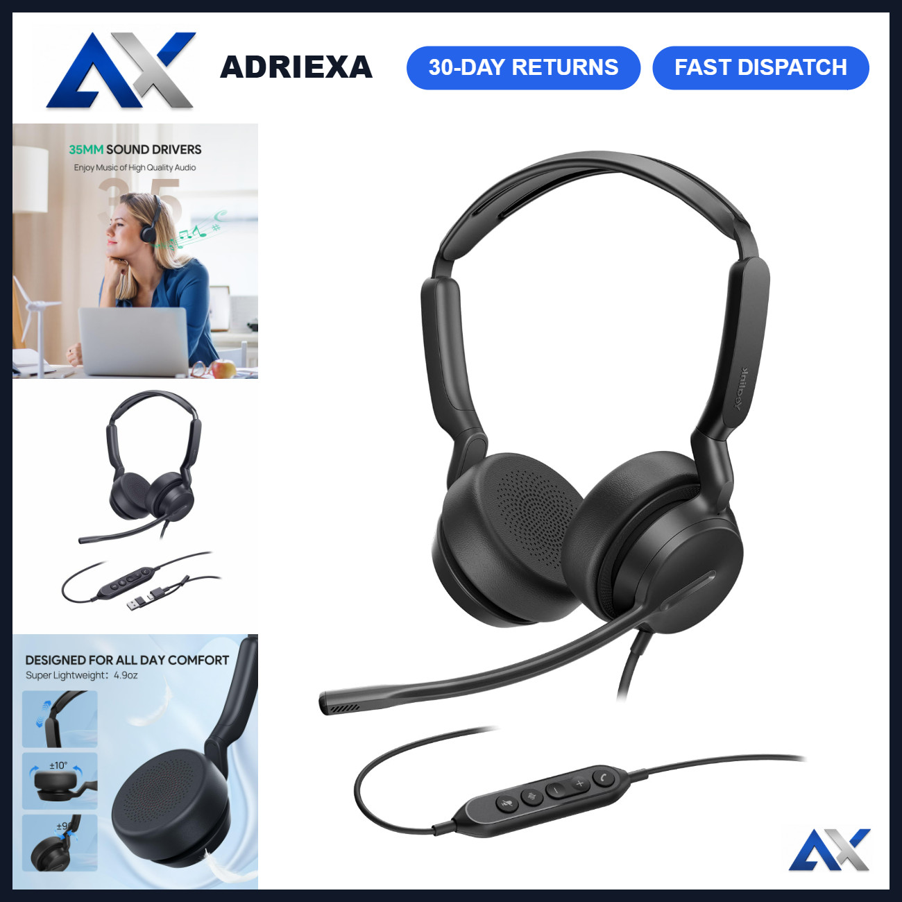 USB-C/A Wired Headset with AI Noise Cancelling Mic & In-Line Controls - Great So