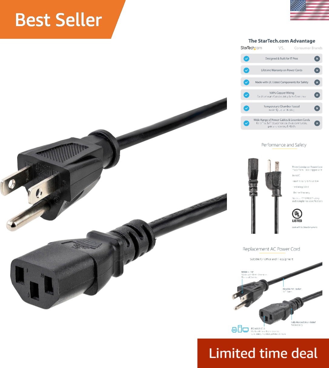 Reliable 10ft IEC C13 Power Cord - Perfect for Monitors and Printers