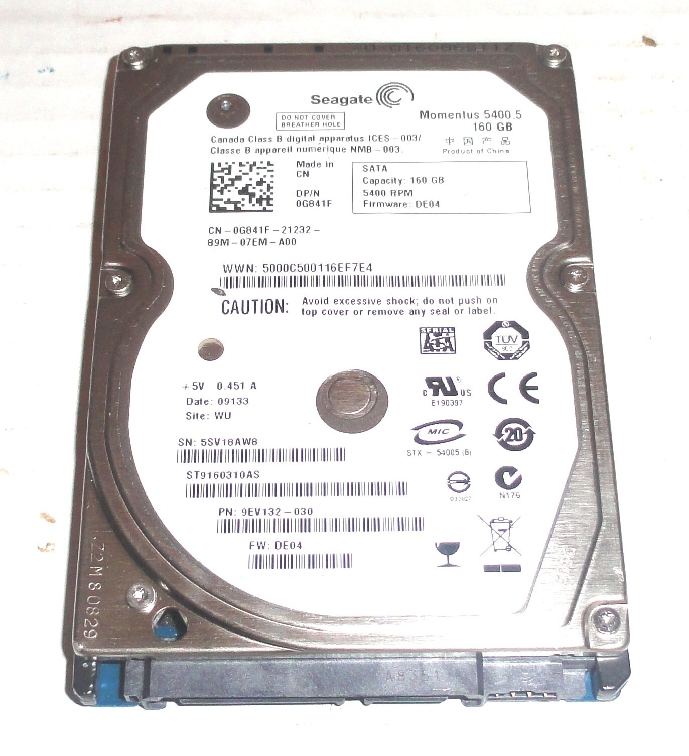 Seagate ST9160310AS 160GB Sata Hard Drive P/N: 9EV132-030 F/W: DE04  5SV  WU