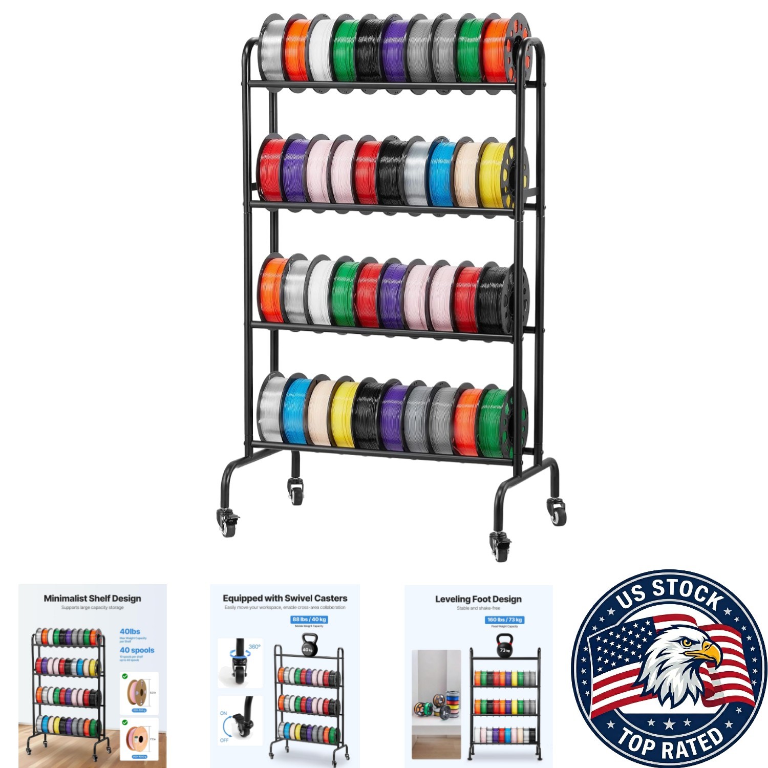 Heavy Duty Rolling 4 Tier 3D Filament Shelf – Ideal for Workspace Organization