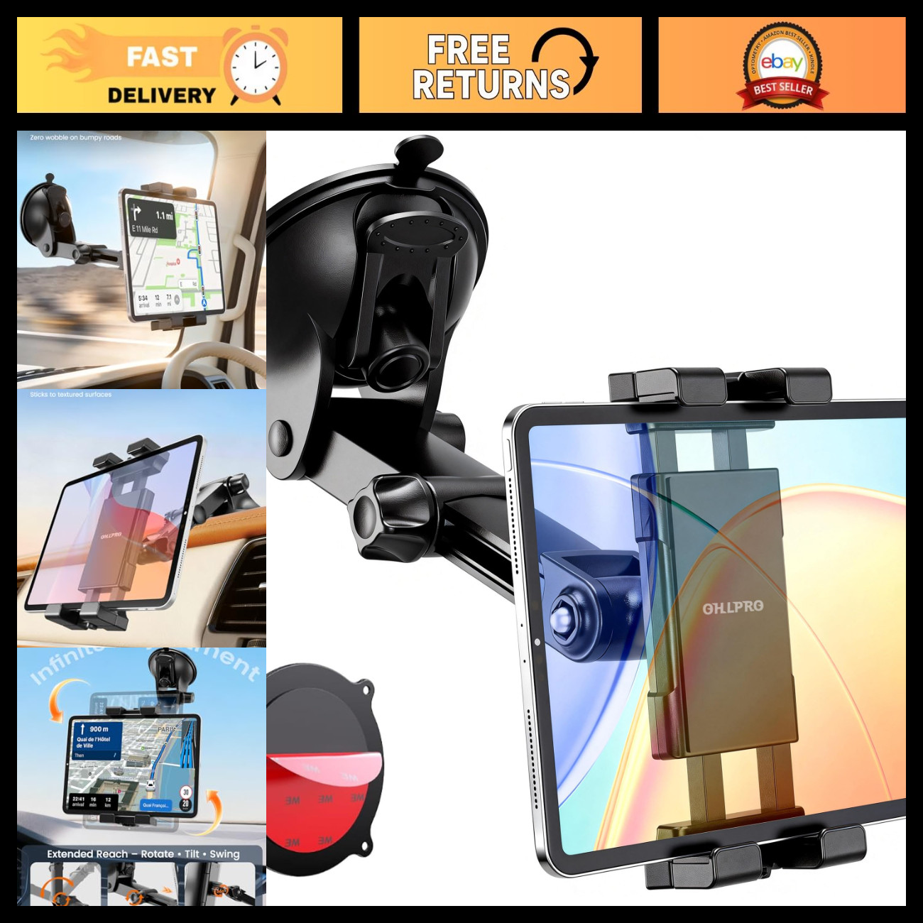 Tablet Holder for Car Dashboard & Windshield, Long Arm Suction Cup Mount 5-17" i