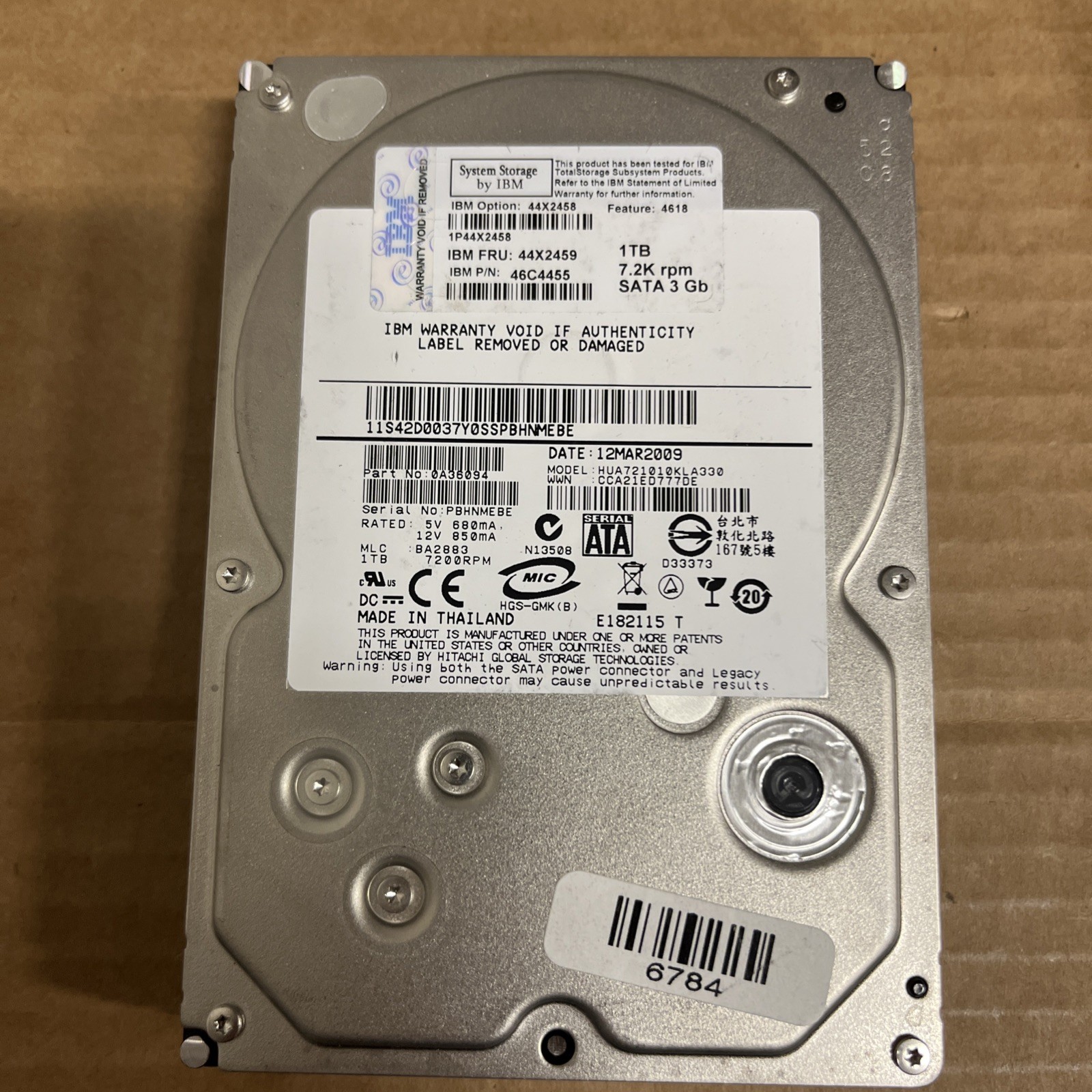 IBM 1TB 7.2krpm SATA 3gb HUA721010KLA330 44X2459 Hard Drive P/n:0A36094 WORKING