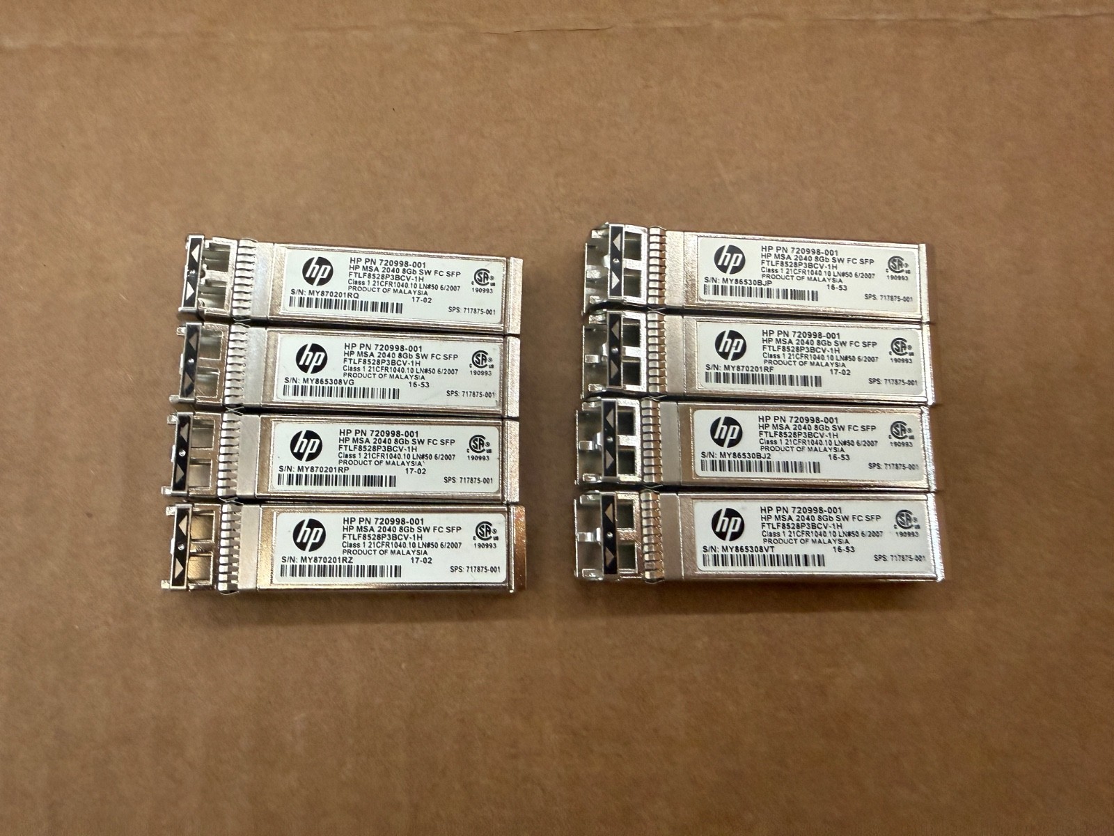 LOT OF 8 HP C8R23A 720998-001 MSA 2040 SFP+ 8GB SHORT WAVE 850nm FC SFP+ SW