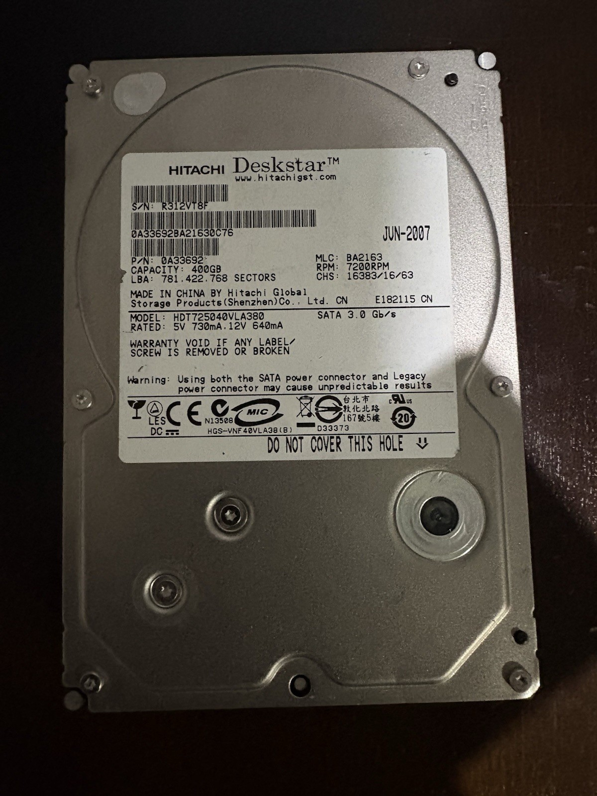 Hitachi Deskstar 400GB SATA 3.5” 7200RPM Hard Drive - Tested & Works - Formatted