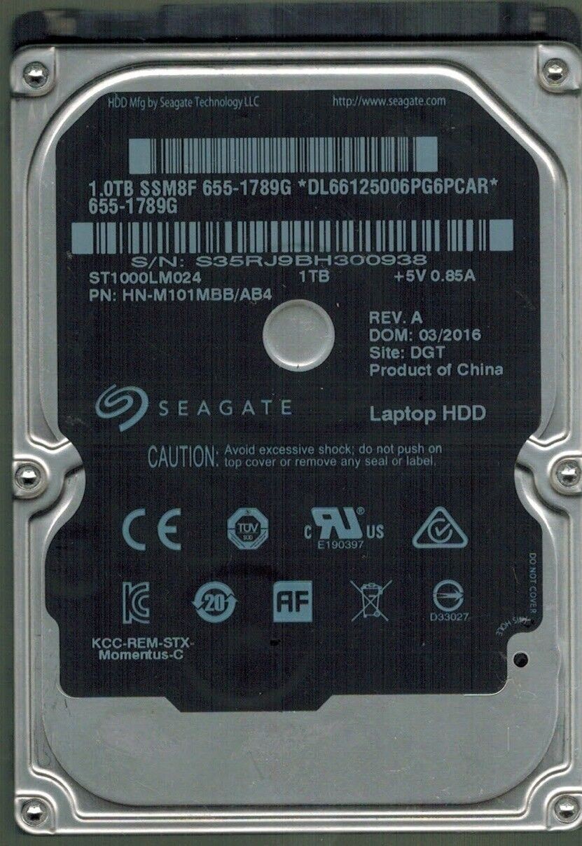 ST1000LM024 P/N: HN-M101MBB/AB4 S/N: S35R DGT 1TB MAR 2016 CHINA SEAGATE