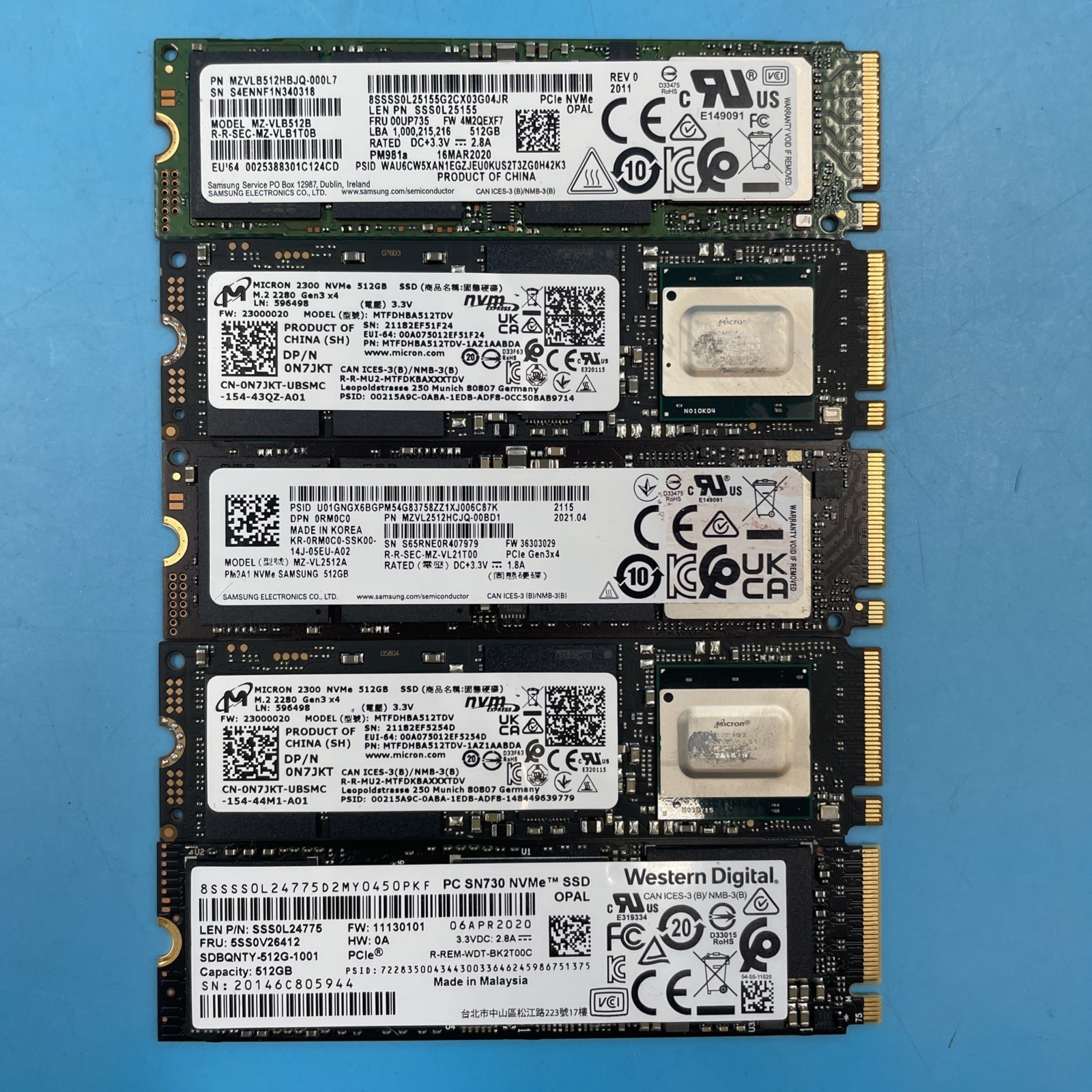 (LOT OF 5) *MIXED BRANDS* 512GB M.2 SSD NVMe 80mm 2280 Solid State Drives