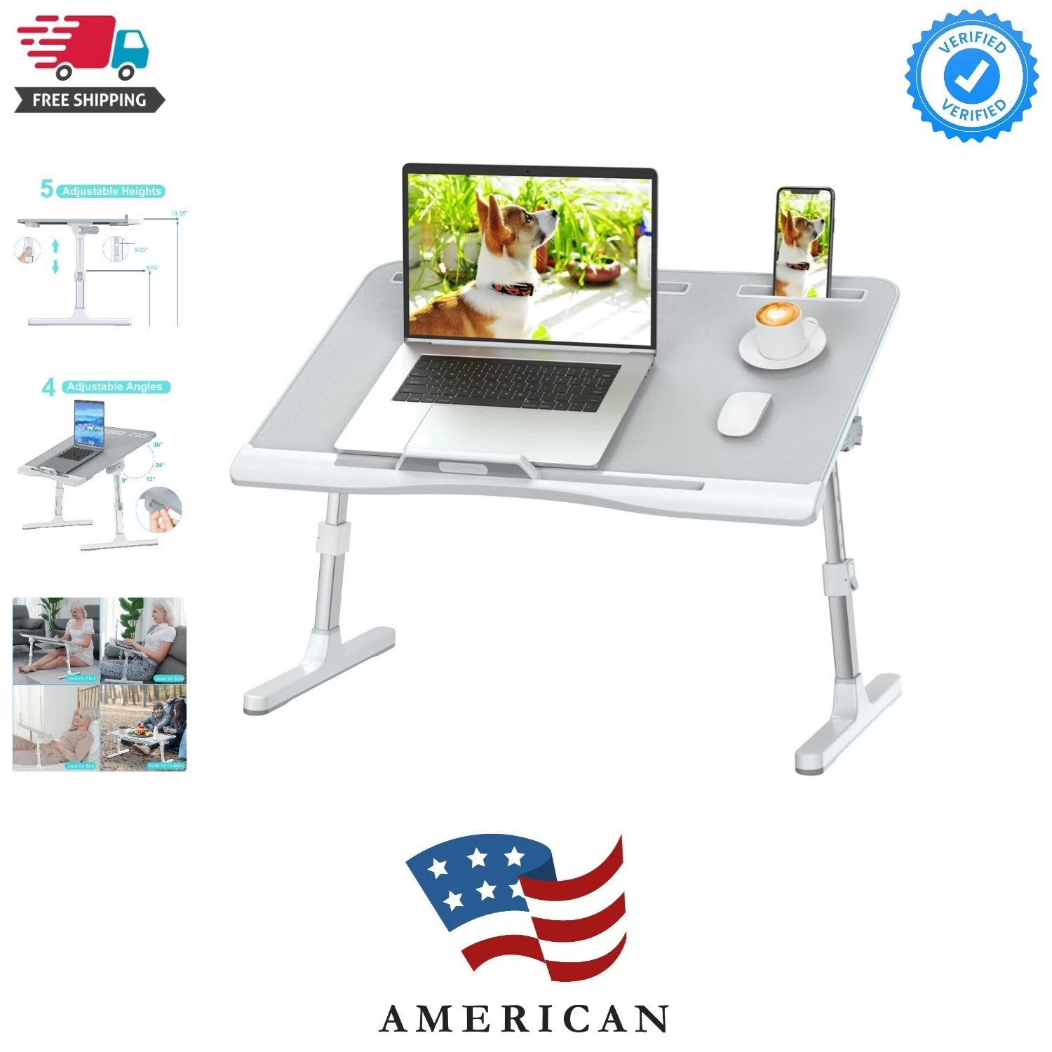 Laptop Bed Desk with Adjustable Heights and Angles, Upgraded-Sturdy Foldable ...