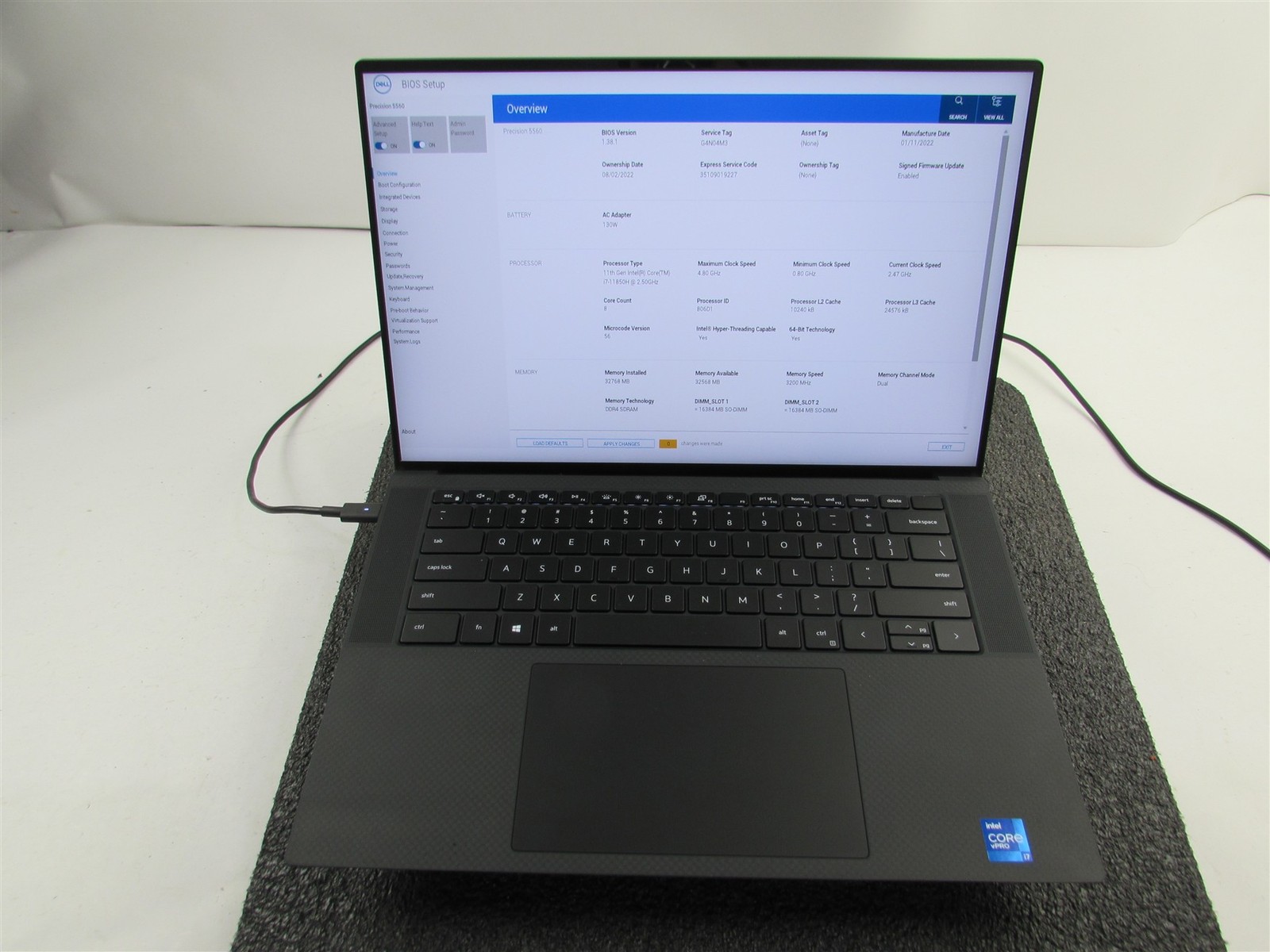 DELL PRECISION 5560 1920x1200 I7-11850H 512GB 32GB RAM RTX A2000 WIN 11 NO BATT