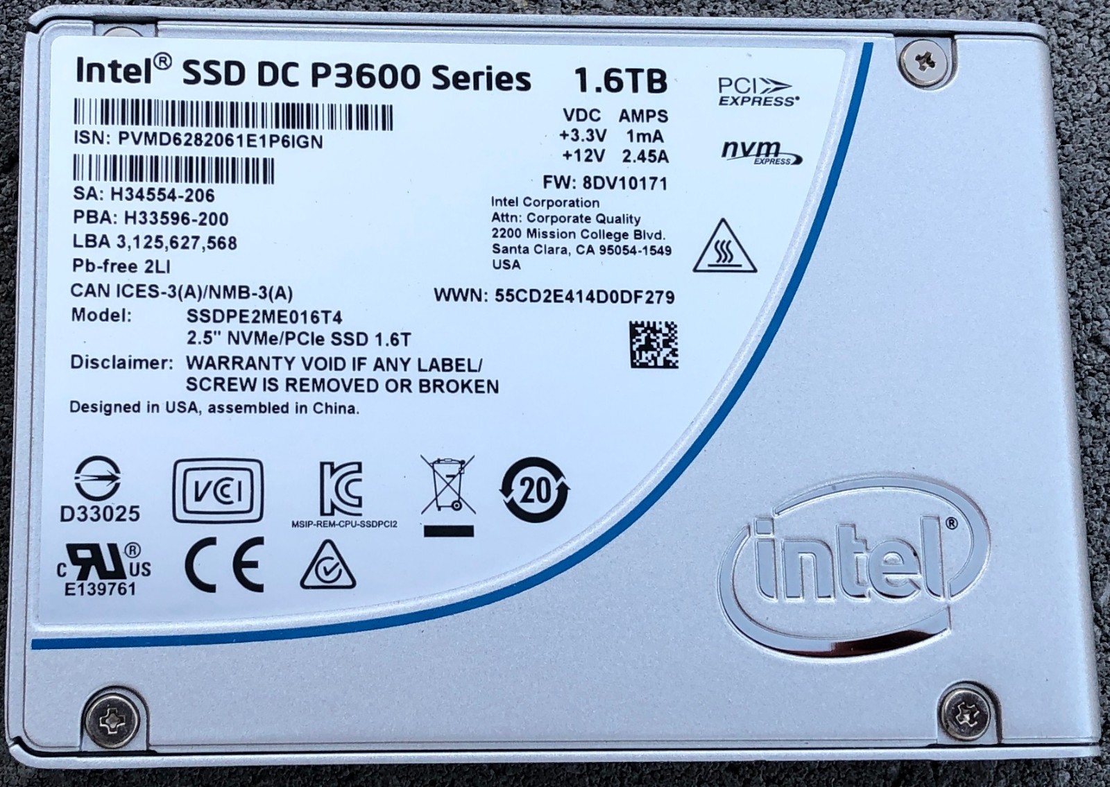 Intel SSD DC P3600 1.6TB PCIe 3.1 SSDPE2ME016T4 NVME U.2 Data Center SSD