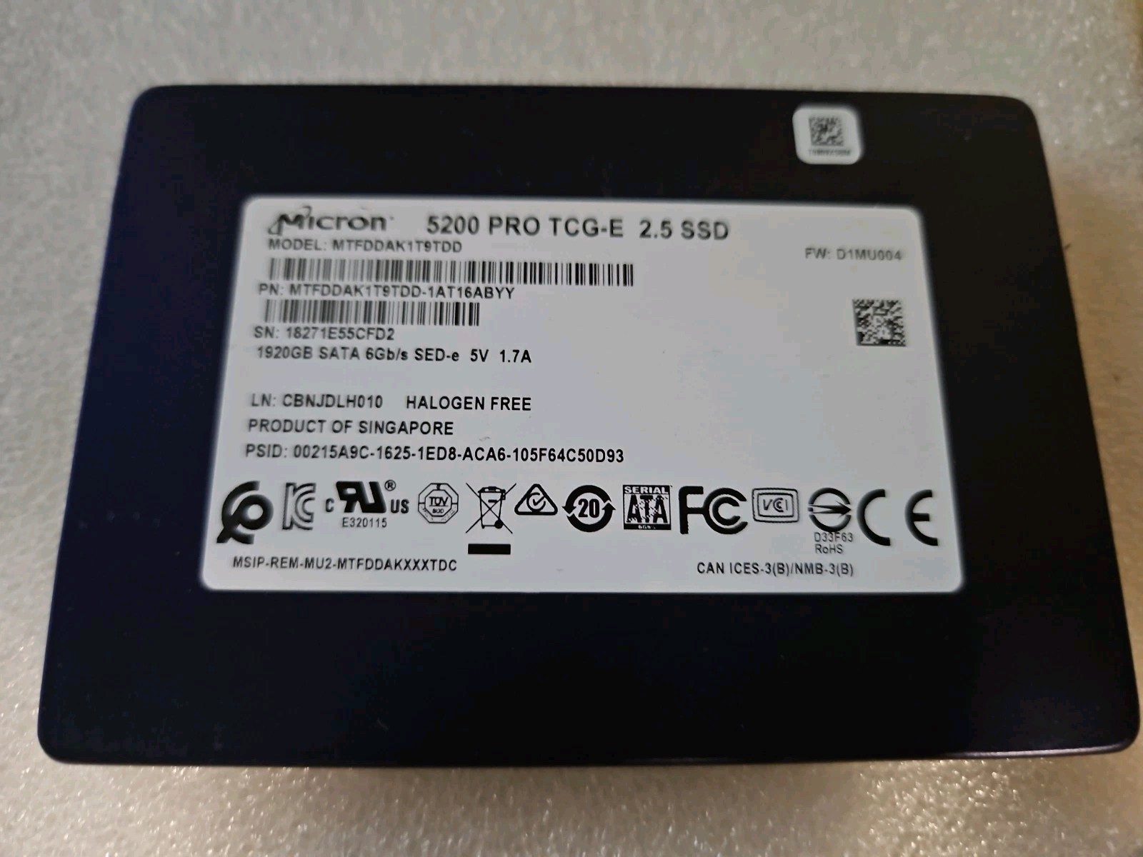MTFDDAK1T9TDD Micron 5200 PRO 1.92TB 6Gbps TLC SATA 2.5" SSD 100% health