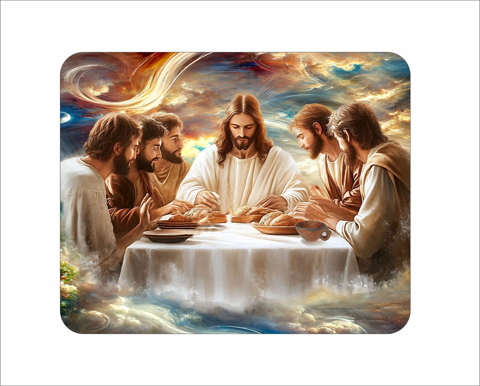 Jesus Eating With The Apostles Mouse Pad Watercolor Painting Art 7 3/4 x 9"