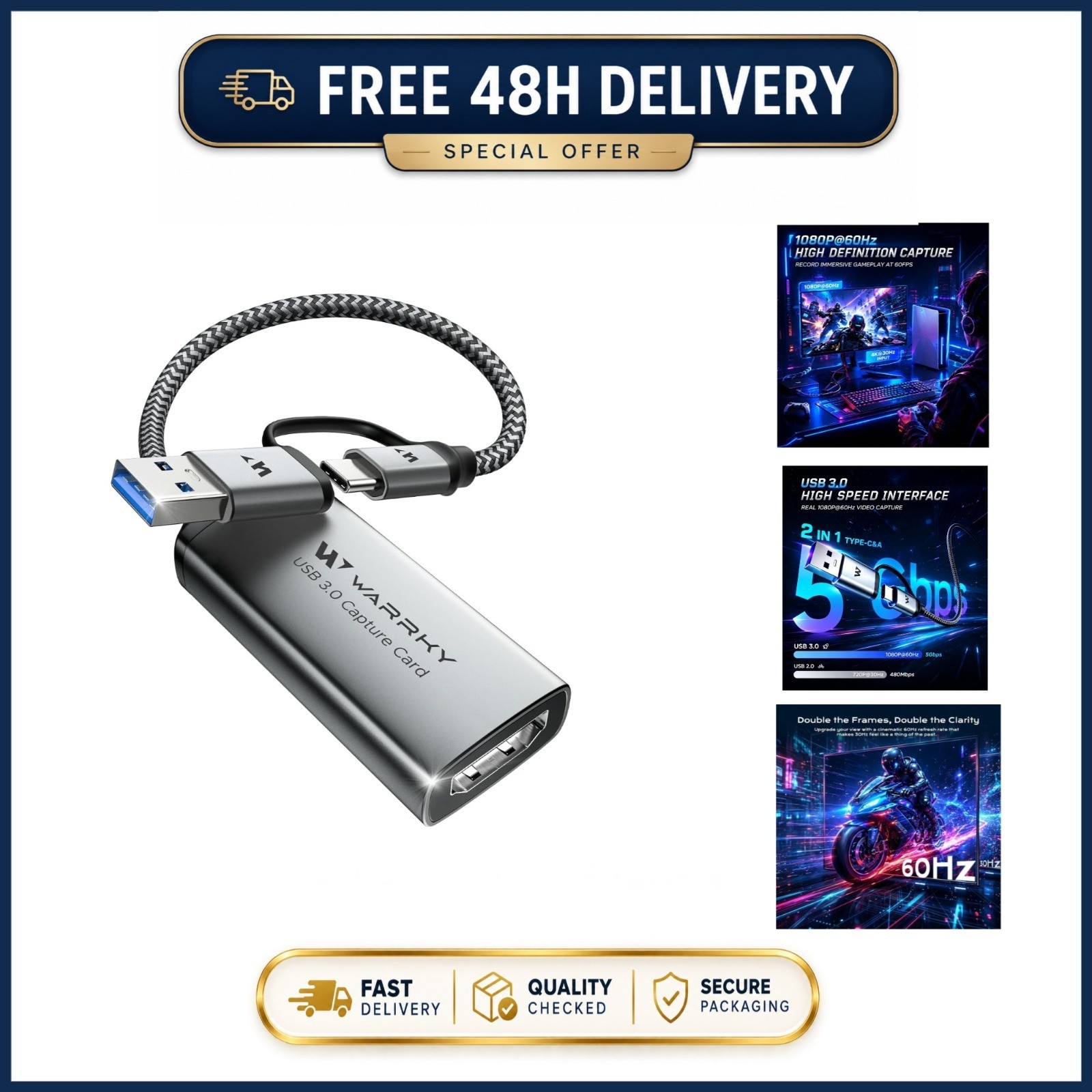 Warrky USB 3.0 HDMI Video Capture Card 4K Input 1080p 60FPS