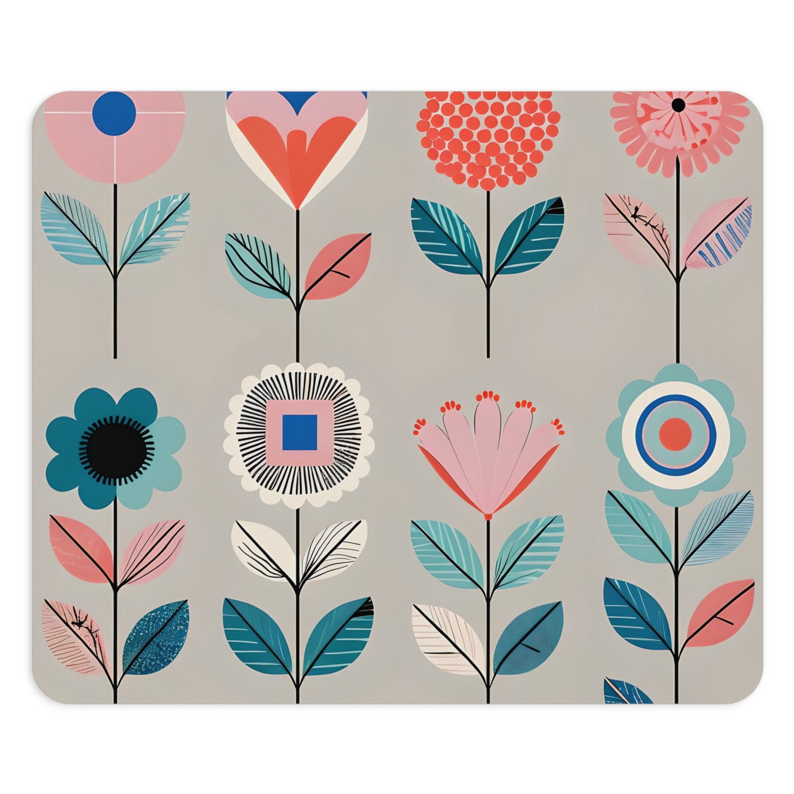 Retro Floral Pattern Mouse Pad | Pink Blue Scandinavian Flowers