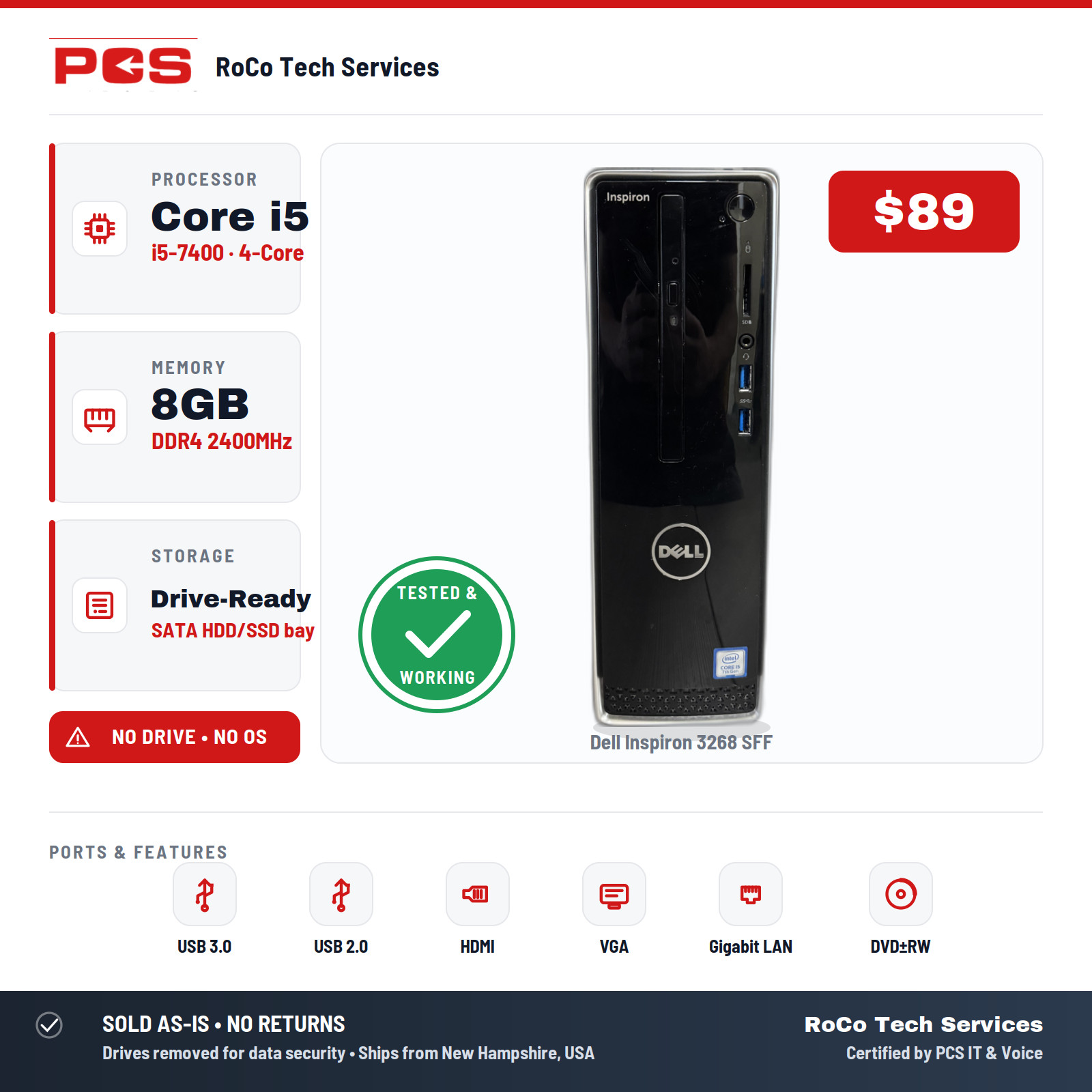 Dell Inspiron 3268 SFF Desktop i5-7400 4-Core 8GB DDR4 No HDD No OS DVD-RW