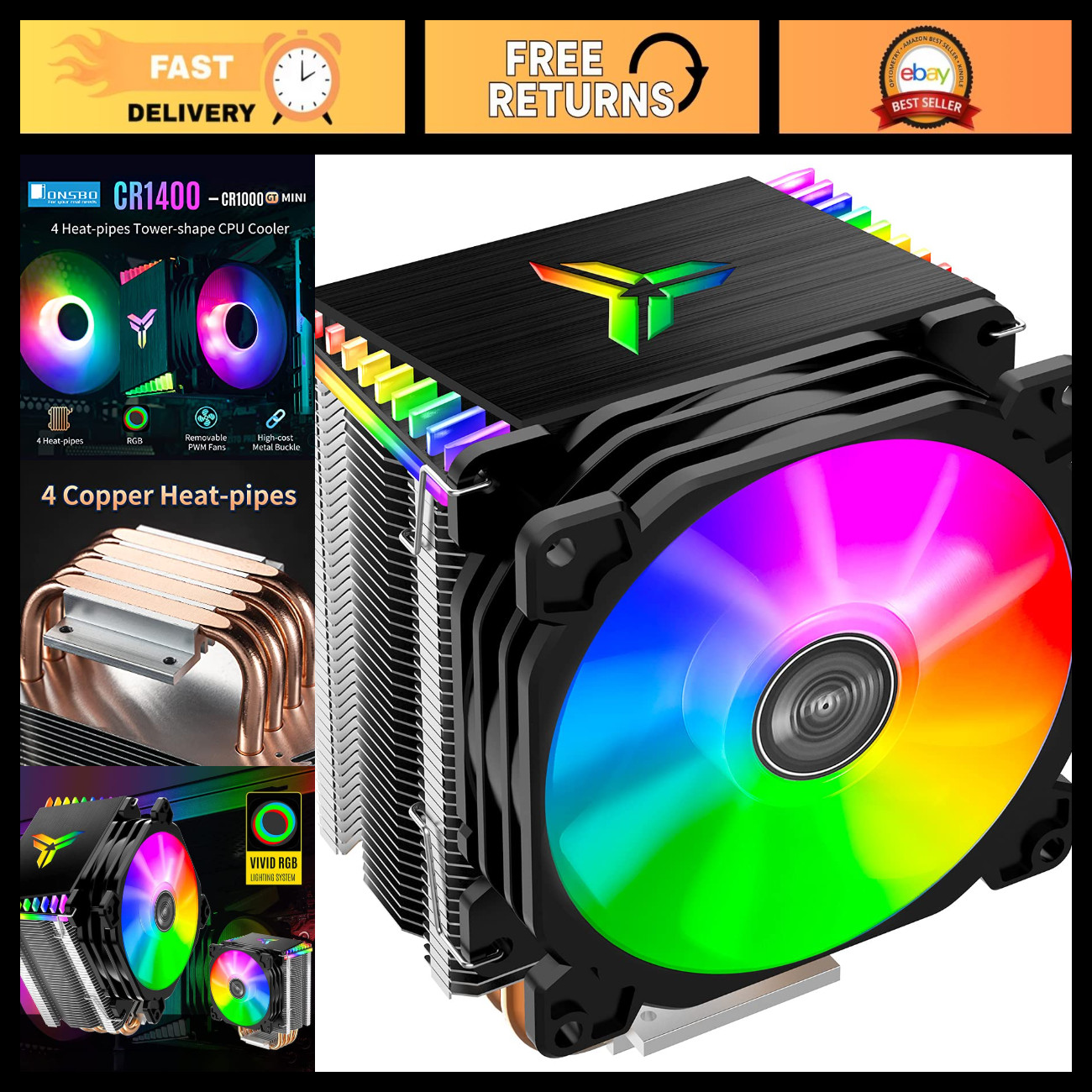 RGB CPU Air Cooler 92mm PWM Fan, 4 Heat Pipes, Easy Install, Quiet for Intel/AMD