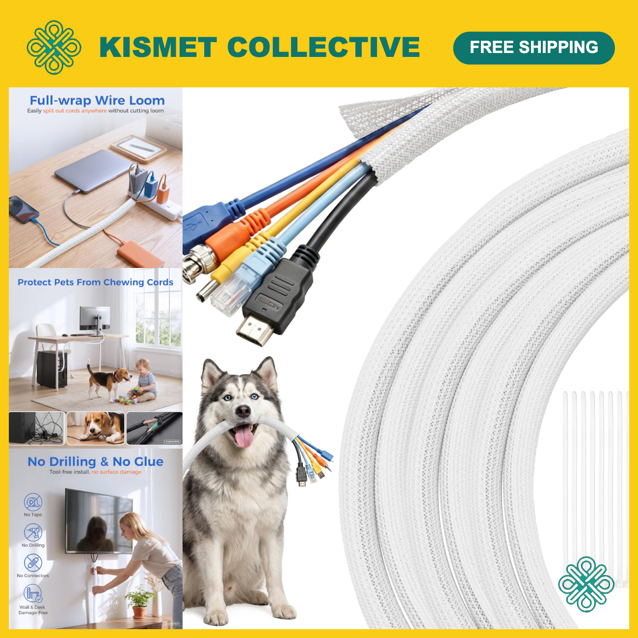 30ft Cable Sleeve Cord Protector - No Chew, Split-Braided PVC Wire Loom for Desk
