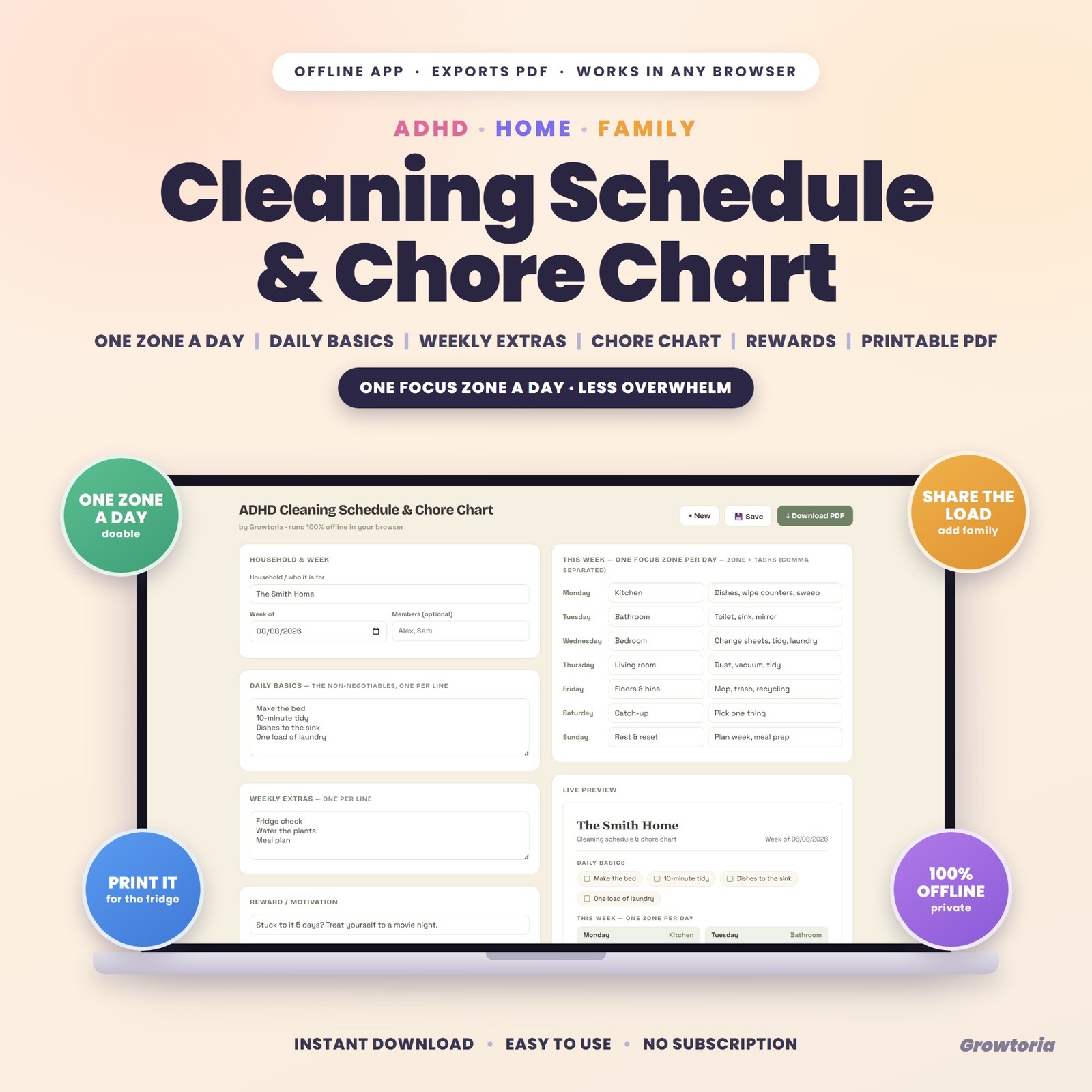 ADHD Cleaning Schedule & Chore Chart App - Weekly Cleaning Planner PDF