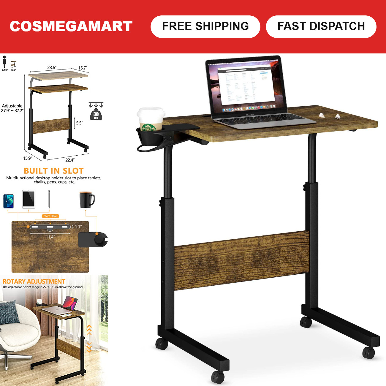 Adjustable Mobile Laptop Stand - Walnut Finish, Height & Angle Adjustable, Porta