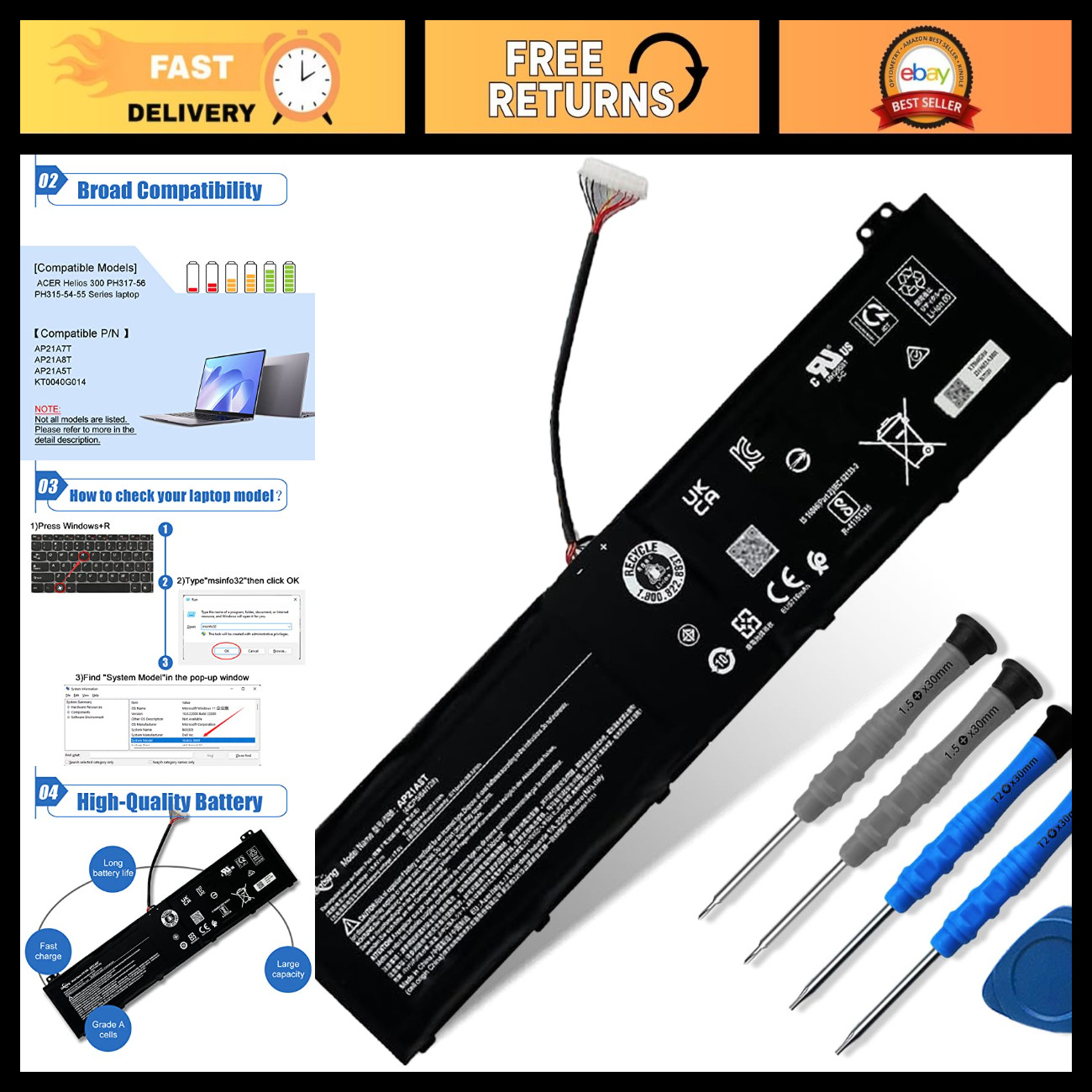 High-Capacity 90.61Wh Laptop Battery Replacement for Acer Nitro 5 & Helios 300 1