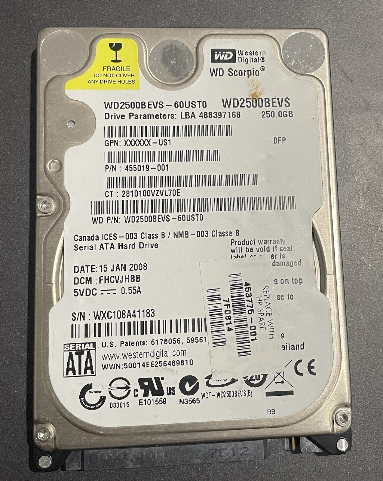 Western Digital WD SCORPIO WD2500BEVS-60UST0 250GB SATA 2.5" Hard Drive 5400 RPM