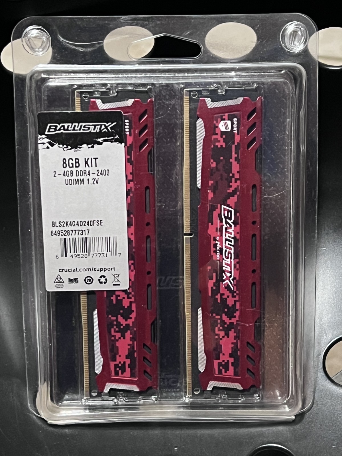 Crucial Ballistix Sport Red 8GB (2x4GB) DDR4 2400MHz RAM Memory (BLS2K4G4D24FSE)