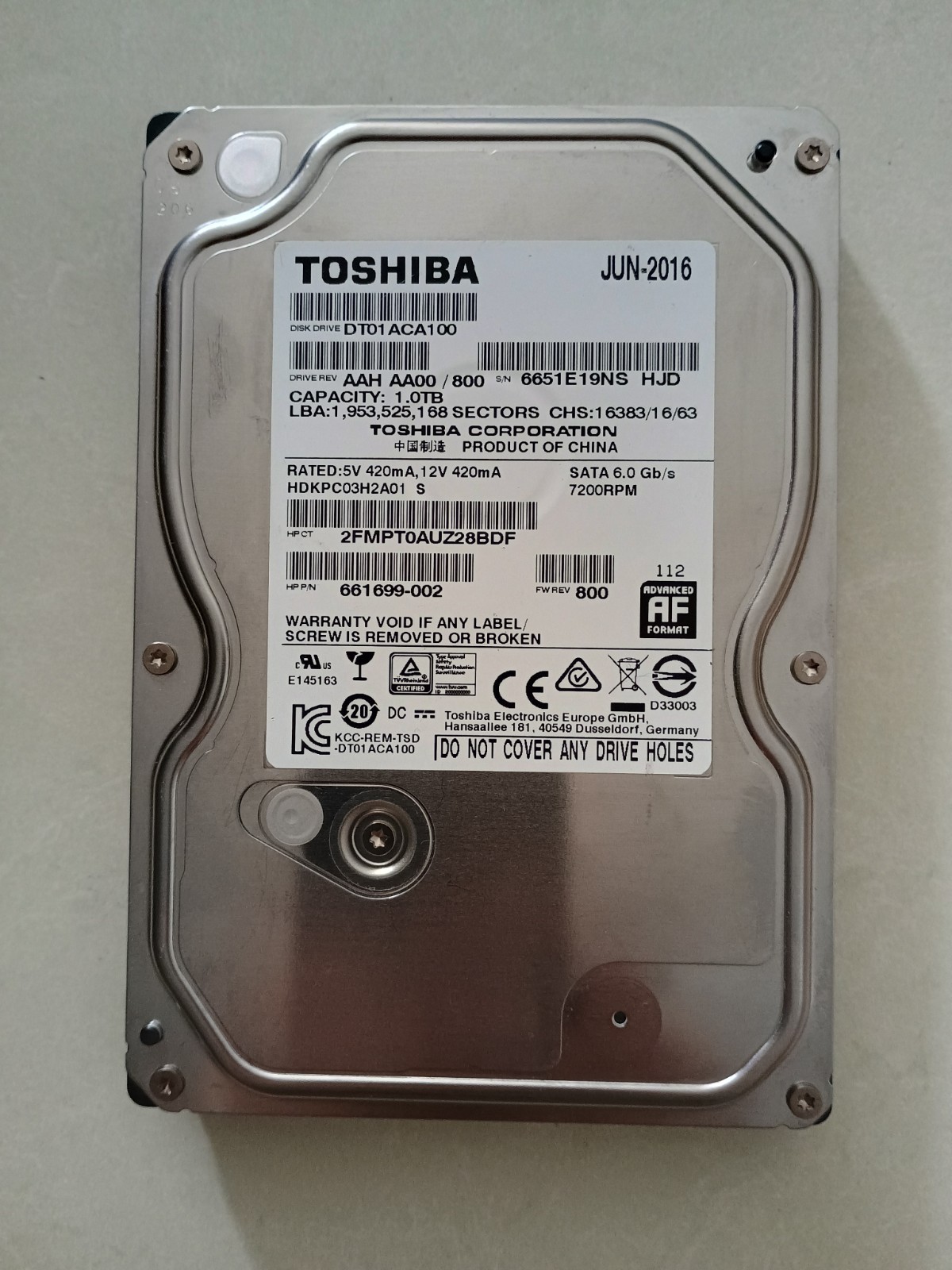 Toshiba 1TB Internal Hard Drive 7200RPM 3.5" (DT01ACA100) HDD