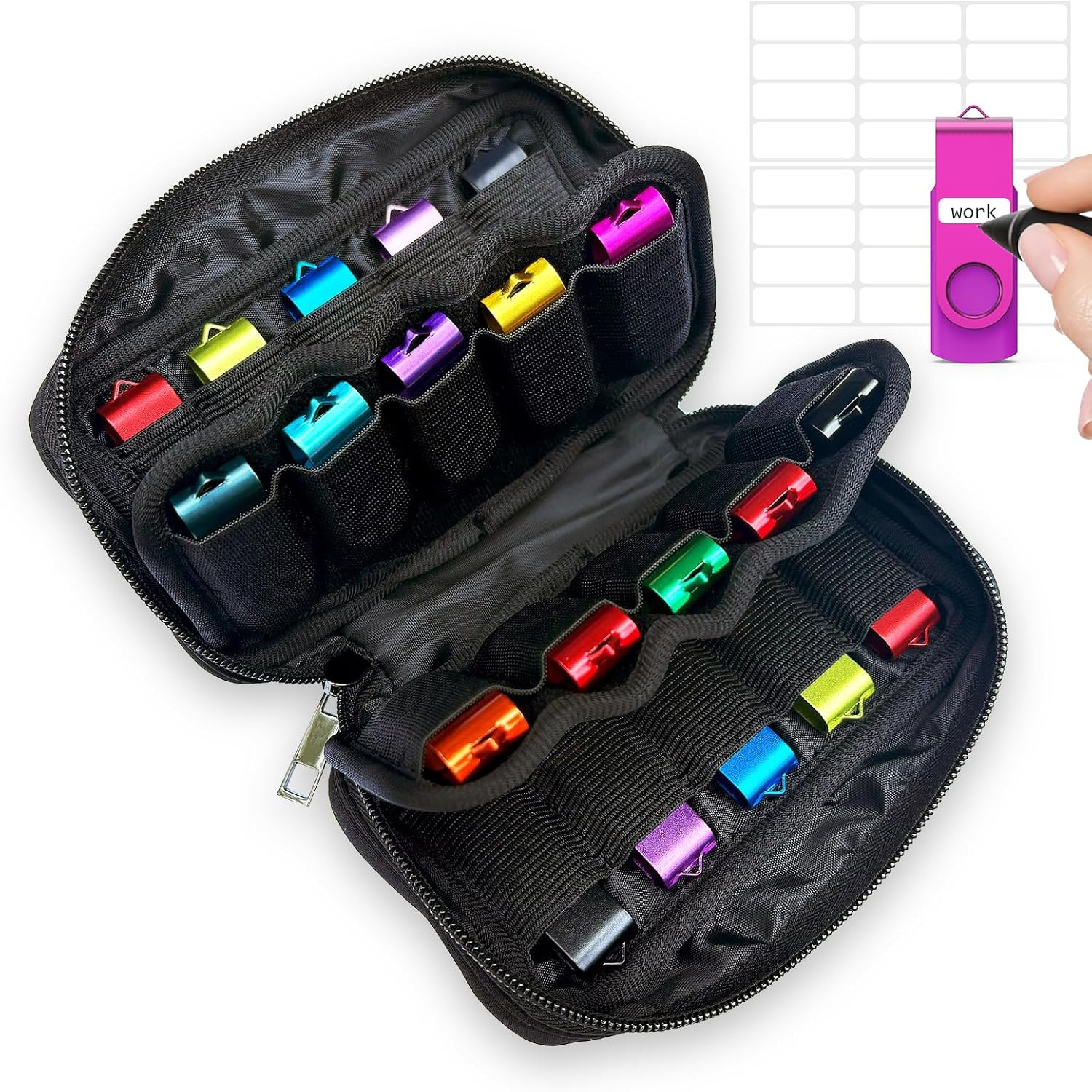 USB Flash Drive Storage Case, 20 Slots Electronic Organizer, Black Carrying Case