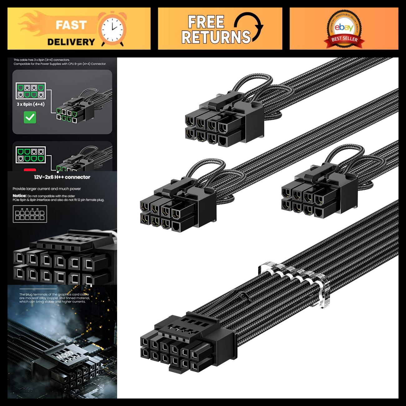 12V HPWR 600W PCIe 5.1 16pin (12+4) GPU Power Cable for High-Performance PCs