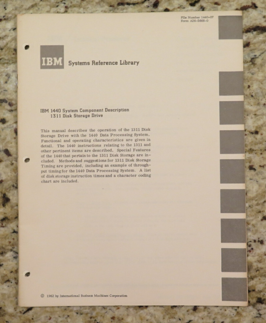 Vintage IBM 1440 System Component Descript, 1311 Disk Storage Drive Reference 