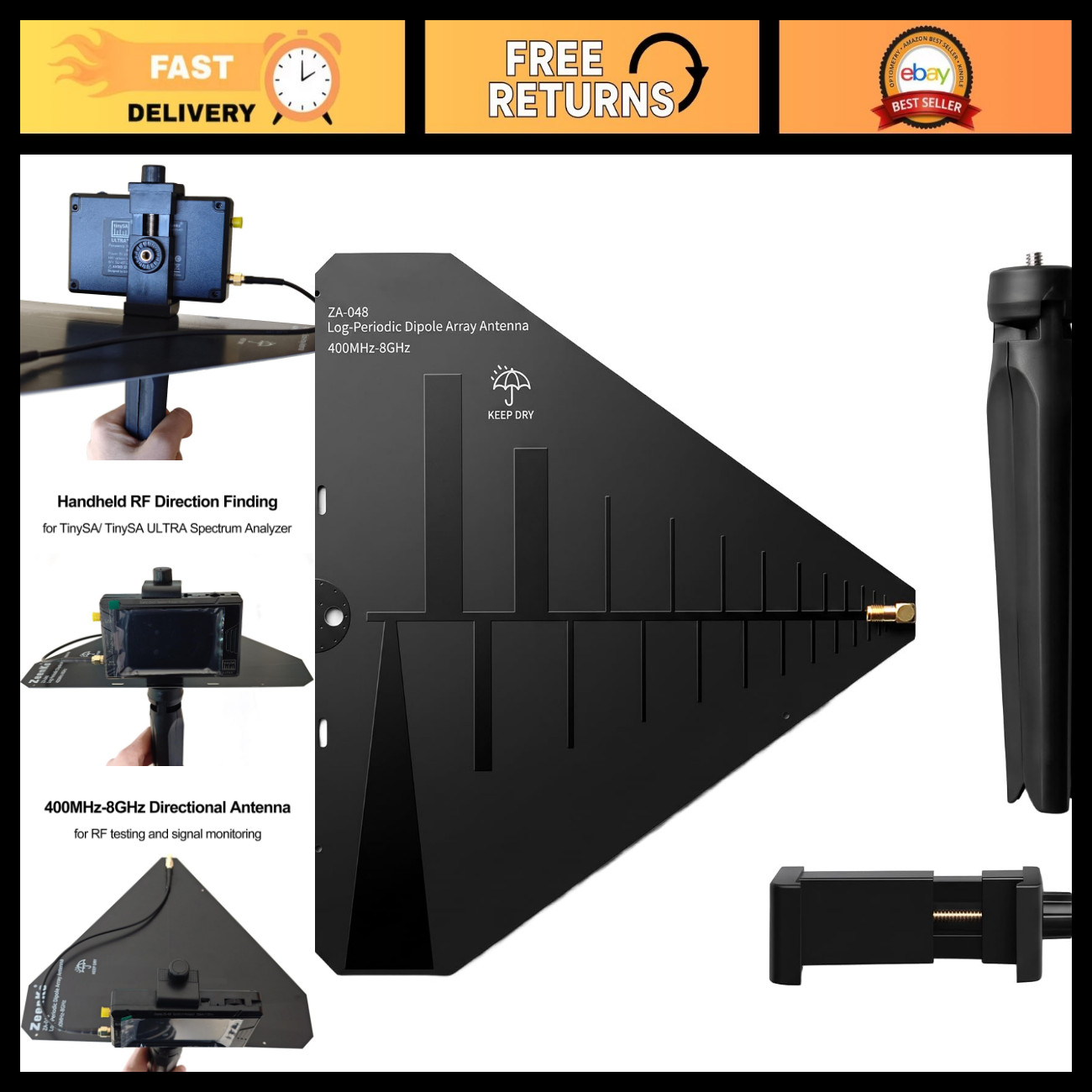 Wideband Log-Periodic Dipole Array Antenna 400MHz-8GHz, High Gain, Durable Desig