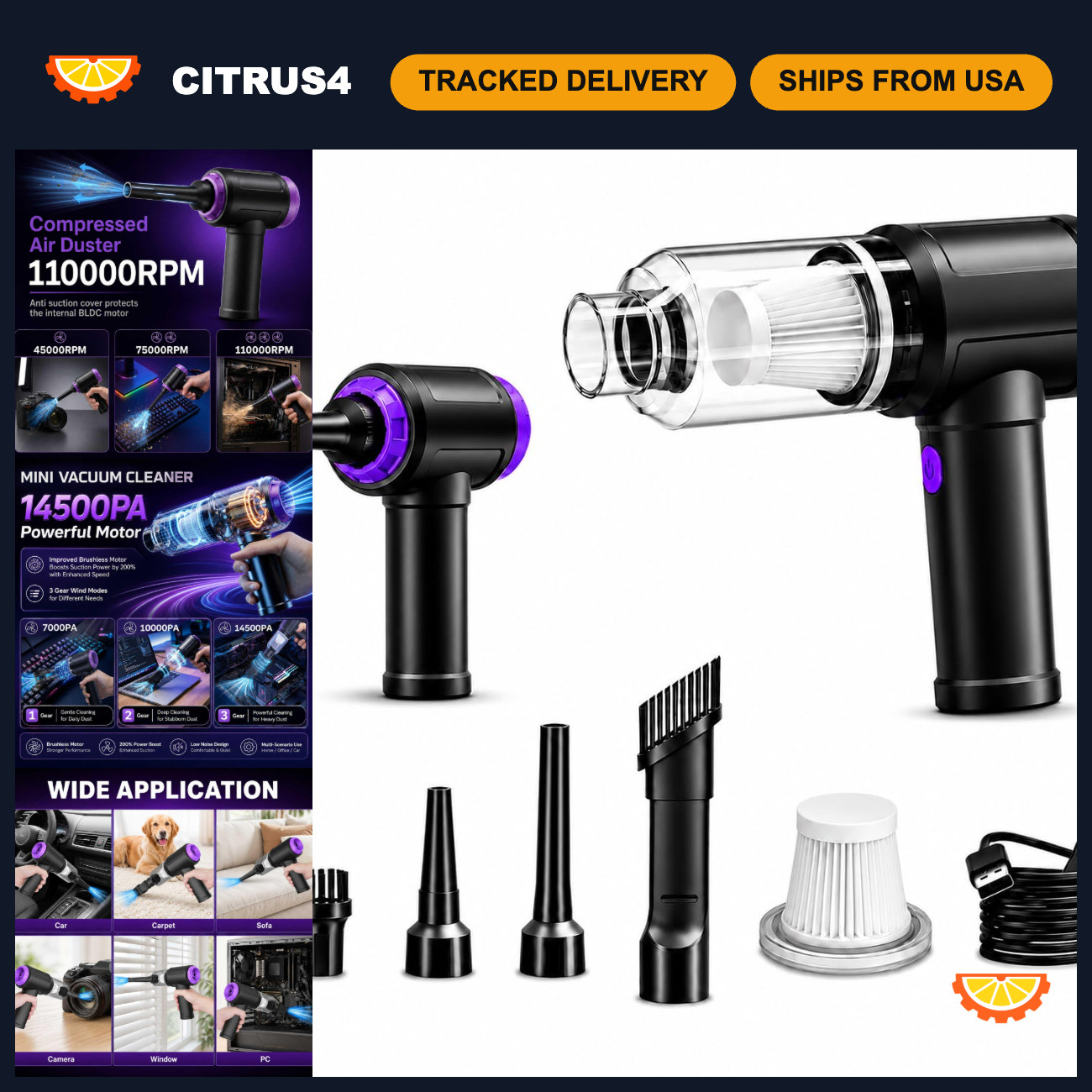3-in-1 Vacuum Cleaner & Air Duster 14.5KPA, 110000RPM - USB Keyboard & PC Dust R