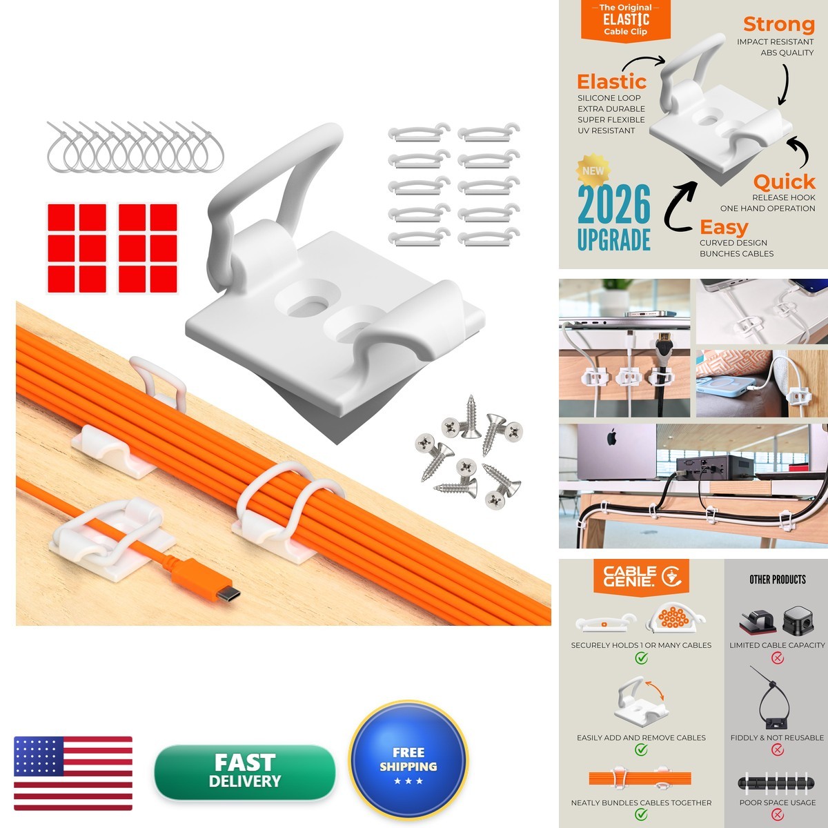 CableGenie CG-105 10-Pack Adjustable Elastic Adhesive Cable Clips - White