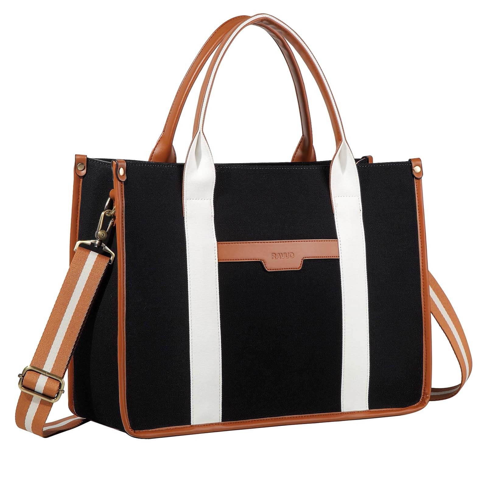 RAVUO Laptop Bag for Women, 15.6 Inch Large Canvas Tote Large, Black 