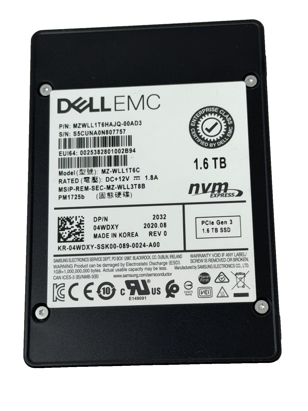 Dell EMC 4WDXY PM1725b 1.6TB PCIe NVMe Mix 2.5'' Gen3 SSD MZ-WLL1T6C Above 90%