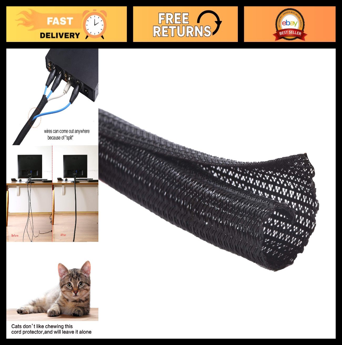 25ft 3/4" Cord Protector Wire Loom Tubing Cable Sleeve - Split Sleeving for USB