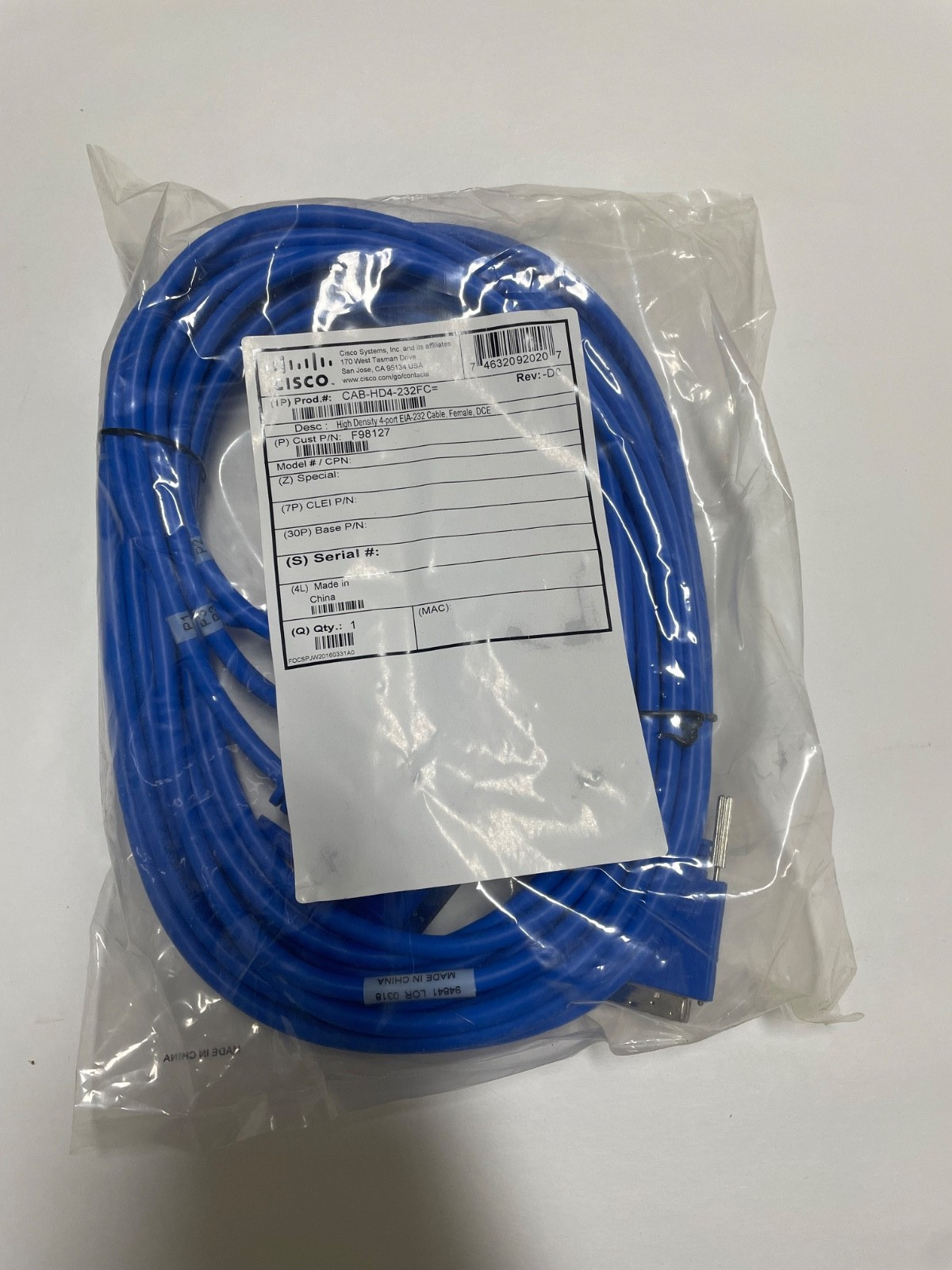 Genuine Cisco 10ft CAB-HD4-232FC High Density 4-Port EIA-232 Cable, Female DCE