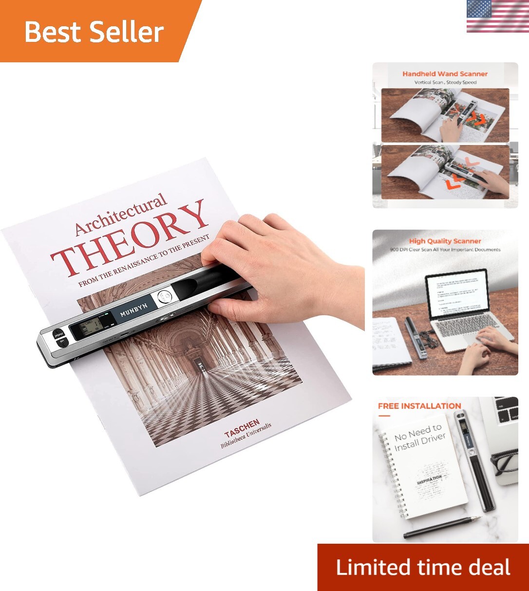 Versatile Portable Scanner for Photos & Text - 900 DPI, USB & Wireless Transfer