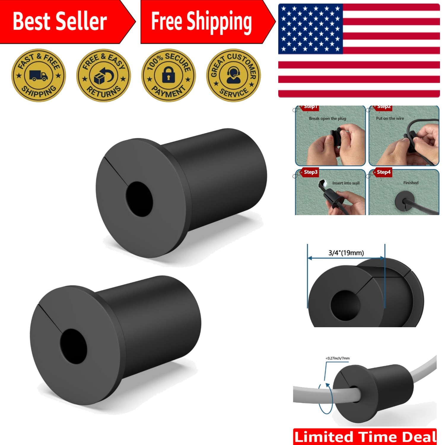 2PCS 3/4 inch Black Starlink Wall Grommets - Durable Cable Pass Through System