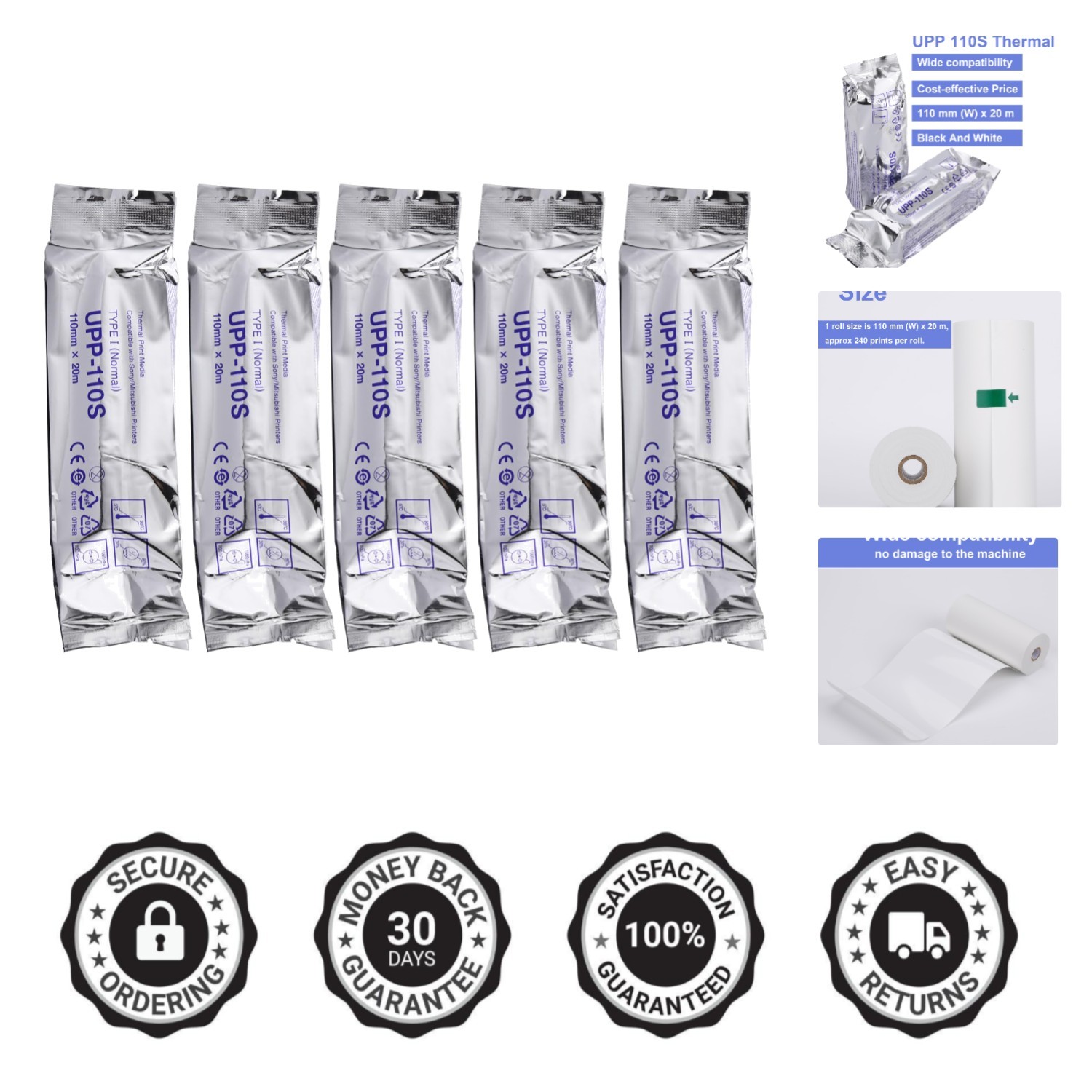 UPP-110S Ultrasound Paper - 5 Rolls, 110mm x 20m,  Black & White Printing