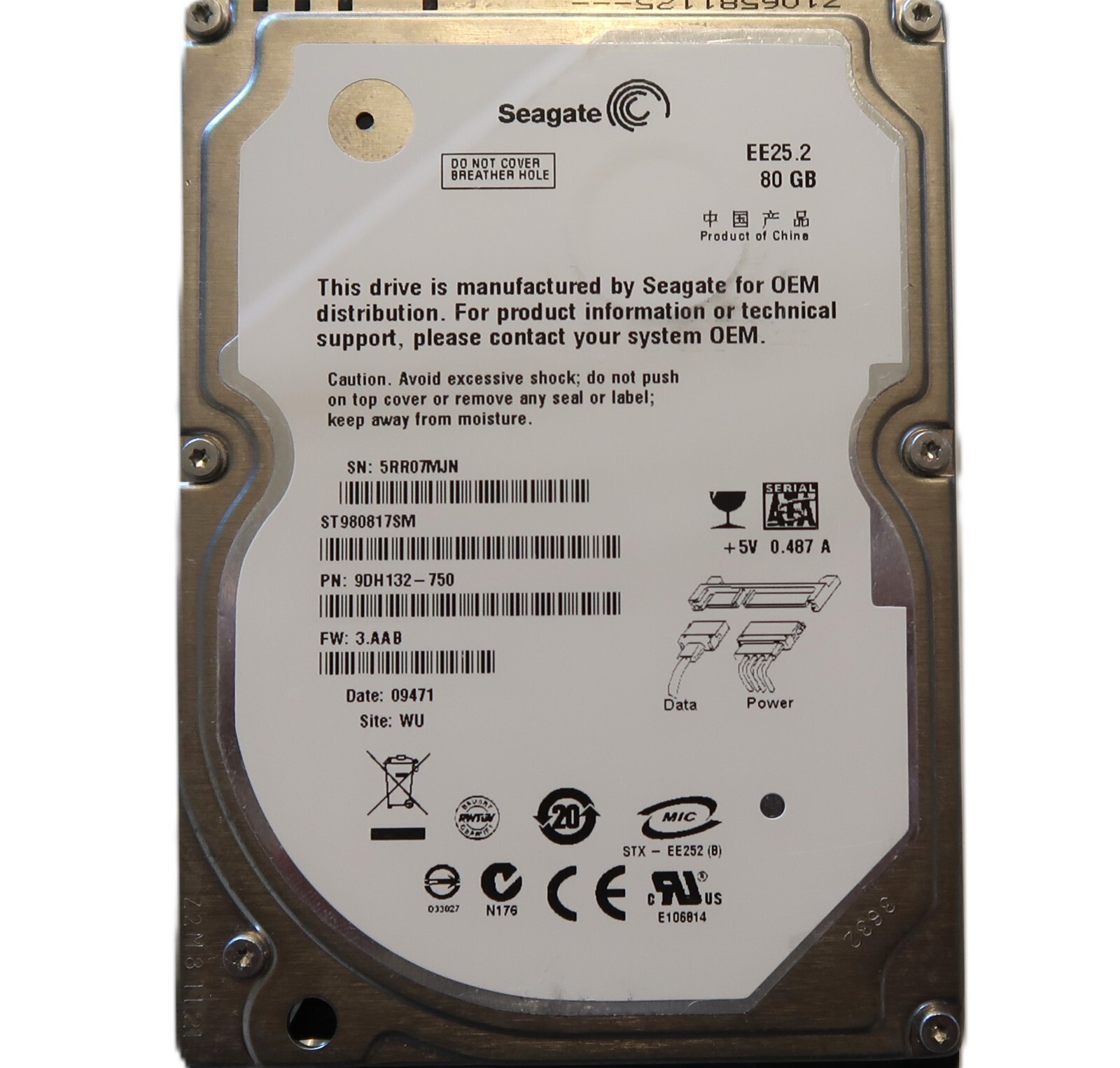 ST980817SM PN:9DH132-750 FW:3.AAB (5RR) WU China 80gb 2.5" Sata 2009 hard drive