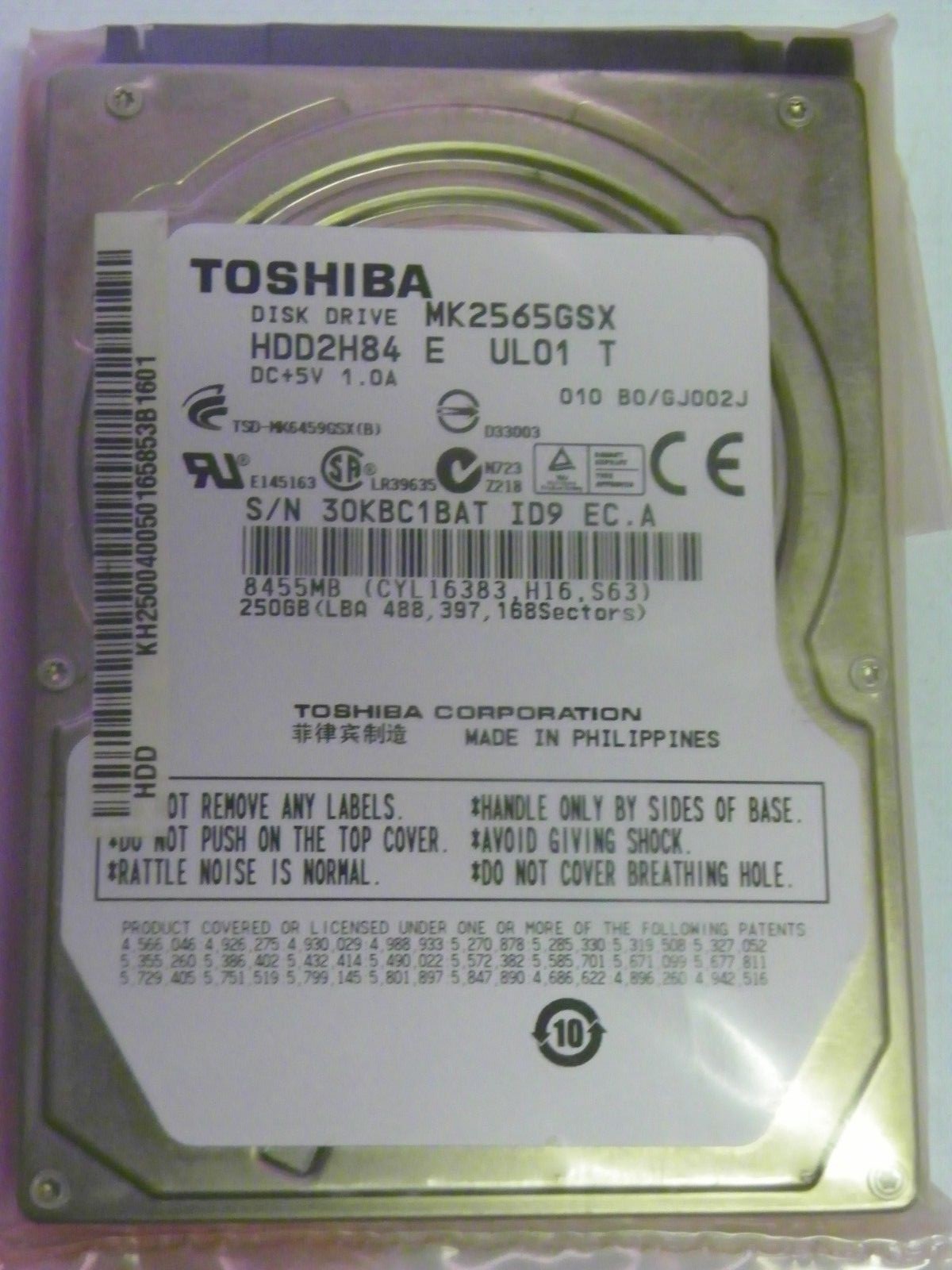 Toshiba MK2565GSX (HDD2H84 E UL01 T) 010 B0/GJ002J Laptop 250GB 2.5" SATA HDD