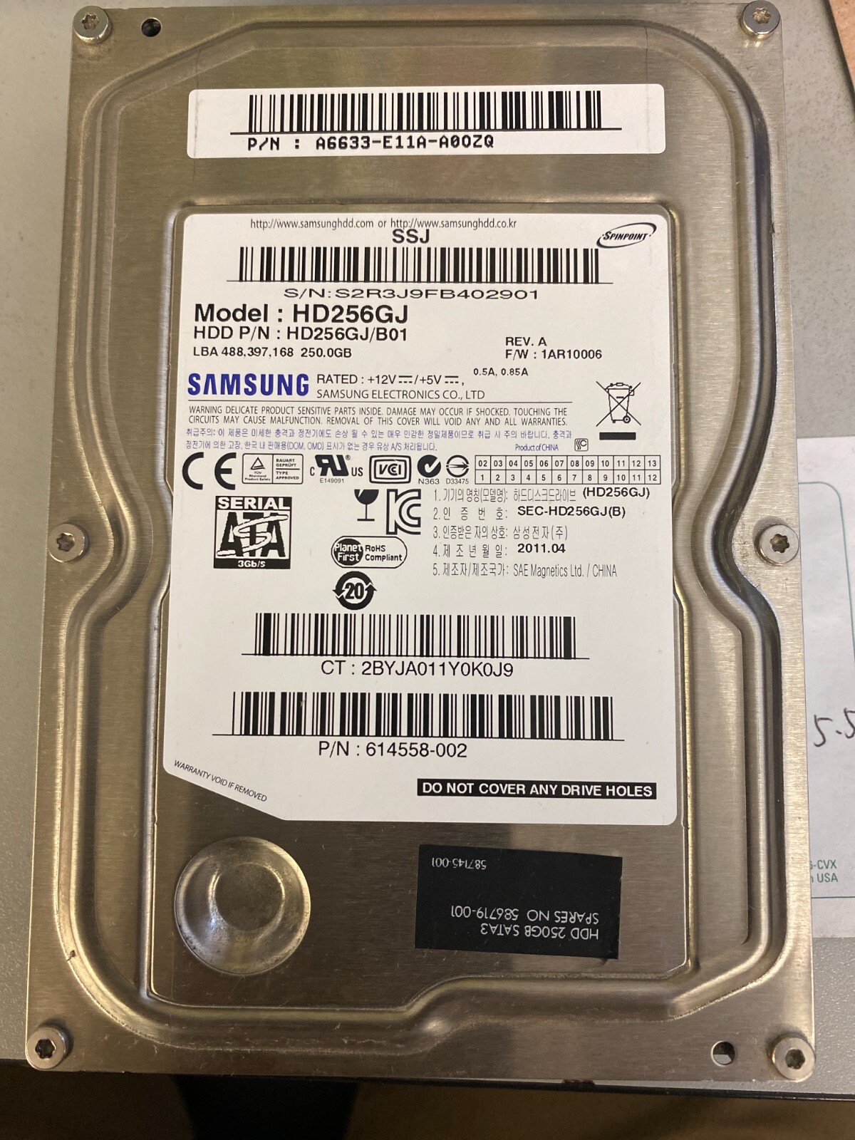 Samsung 250GB HD256GJ/B01  P/N: A6633-E11A-A0OZQ  614558-002