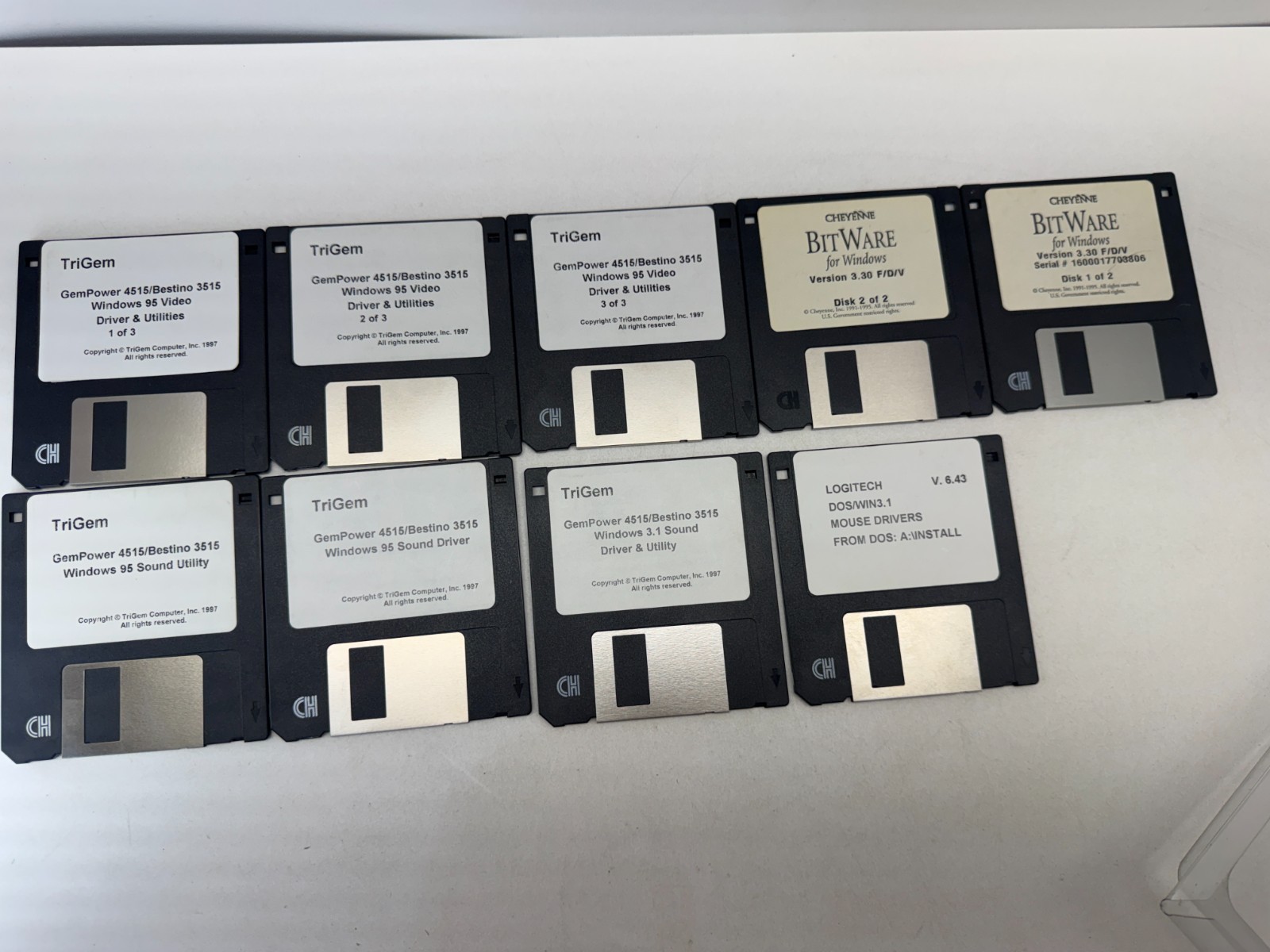 Vintage 3.5" Floppy Disk Lot 9x TriGem Windows 95 Drivers Logitech BitWare DOS