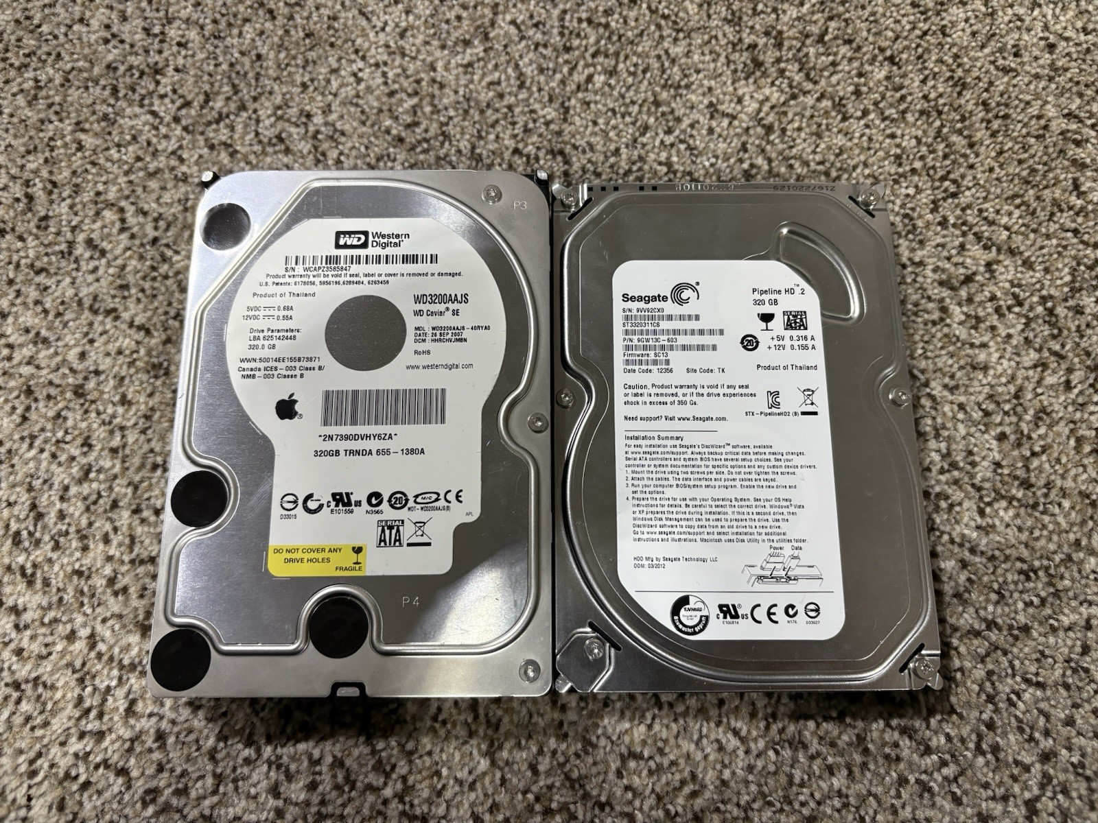 Bundle Of 2 320GB 3.5” SATA Hard Drives - Mixed Speeds - Tested And Works