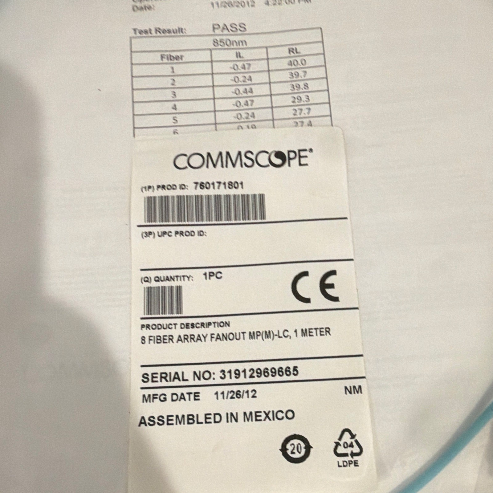 CommScope 760171801 1m Aqua 8 Fiber Fanout MTP/MPO to LC Optical Cable
