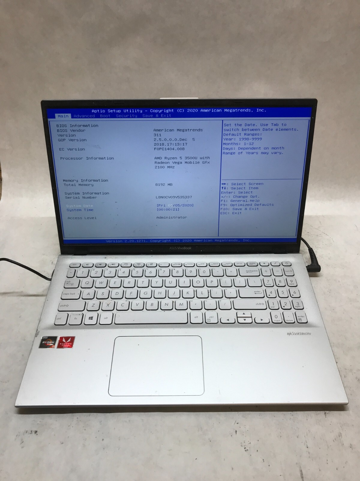 Asus X512D 15" Laptop AMD Ryzen 5 3500U 2.1GHz Radeon Vega 8GB RAM NO SSD/OS -DW