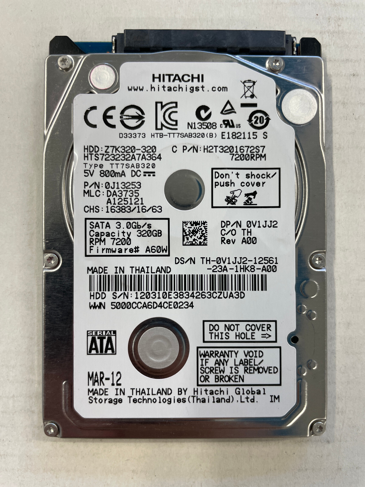 Hitachi Z7K320 320GB 2.5" SATA HDD 7200RPM 3GB/s 16MB 0J13253 HTS723232A7A364
