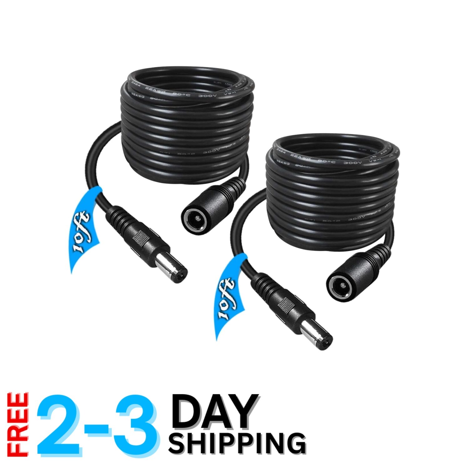 2-Pack 10FT DC Power Extension Cable for CCTV & LED Devices - 5.5mm x 2.1mm